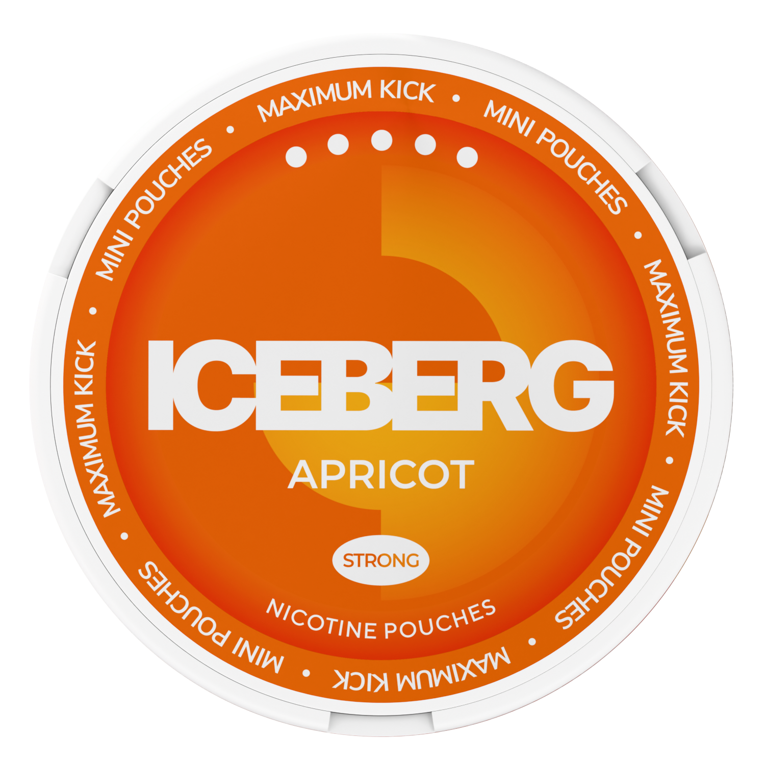 Top view of Iceberg Mini Apricot Nicotine Pouches, 30mg strong maximum kick, orange and white lid design.
