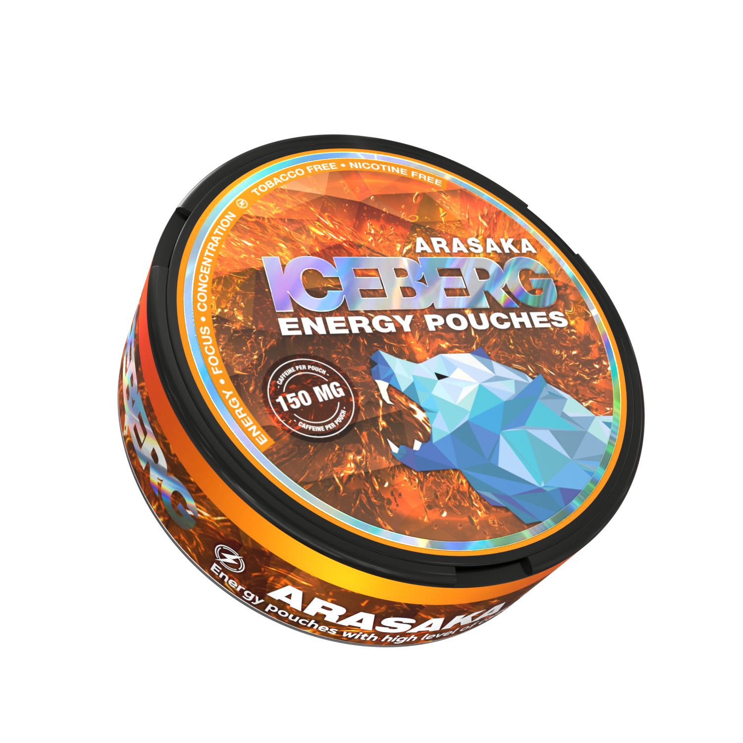 Side view of ICEBERG Arasaka 150mg energy caffeine pouches, no-nicotine, with a blue wolf design.