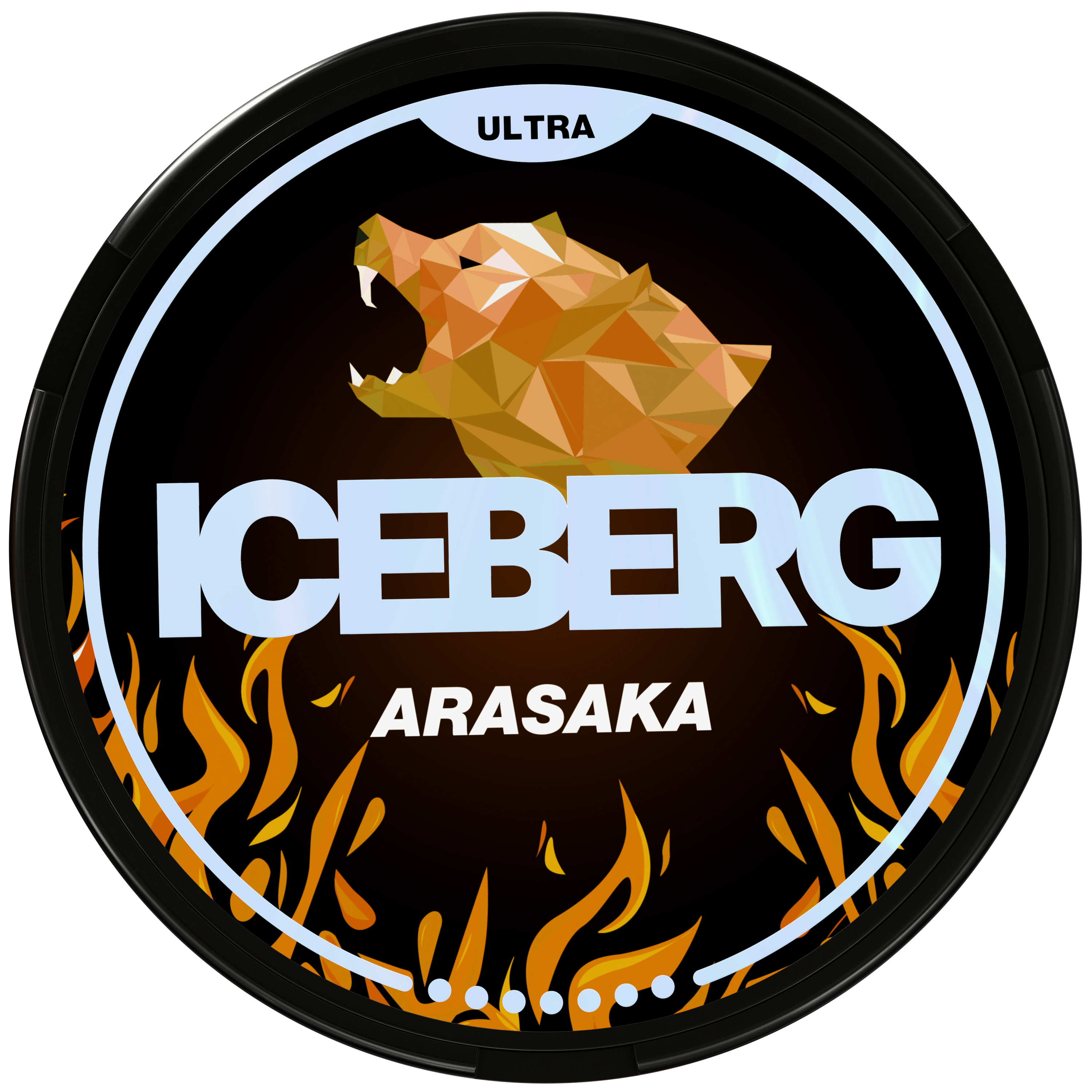 Iceberg Ultra Arasaka nicotine pouches can featuring a geometric bear logo and orange flame design.