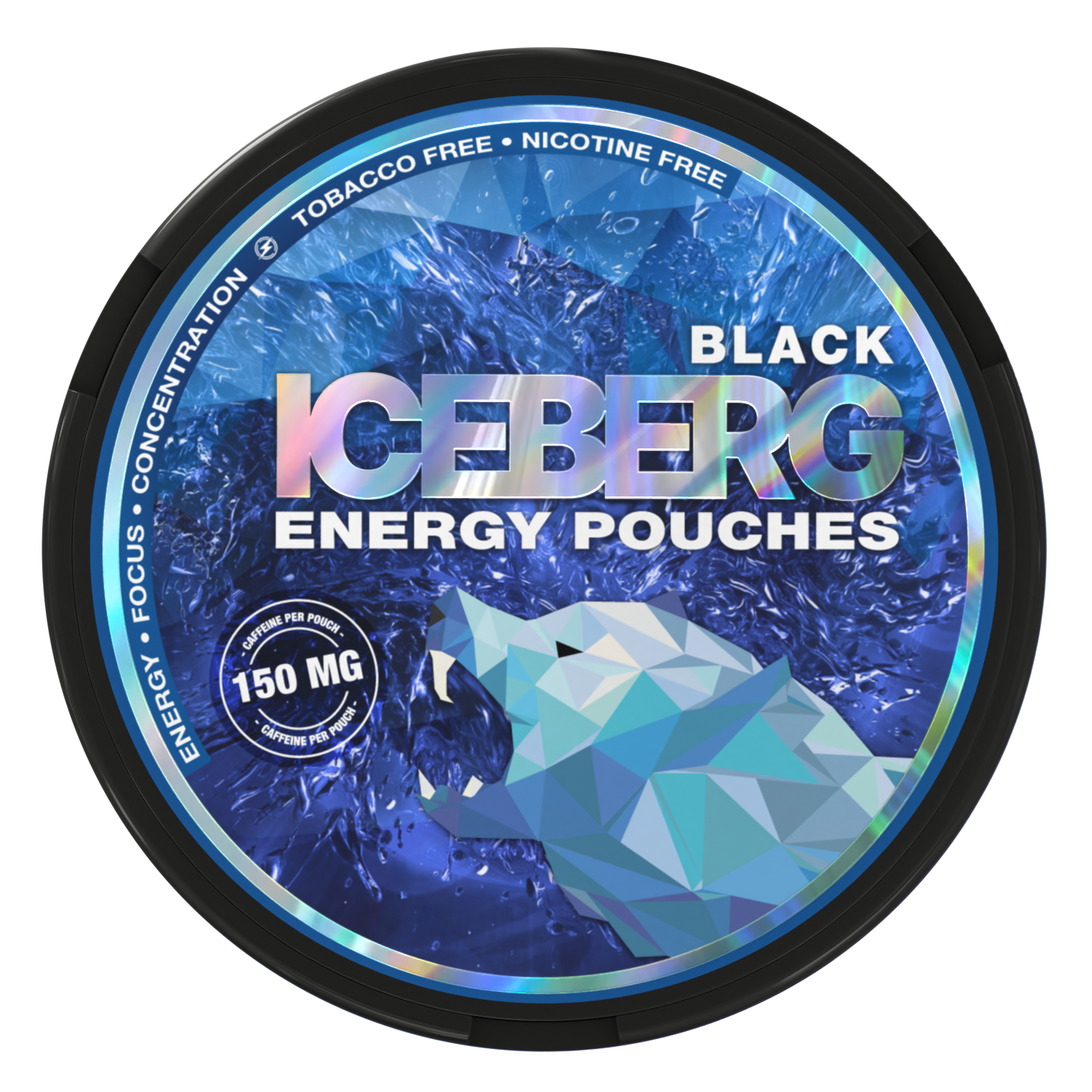Iceberg Black Energy Caffeine Pouches 150mg, tobacco and nicotine free, with a polar bear logo on a blue circular tin.
