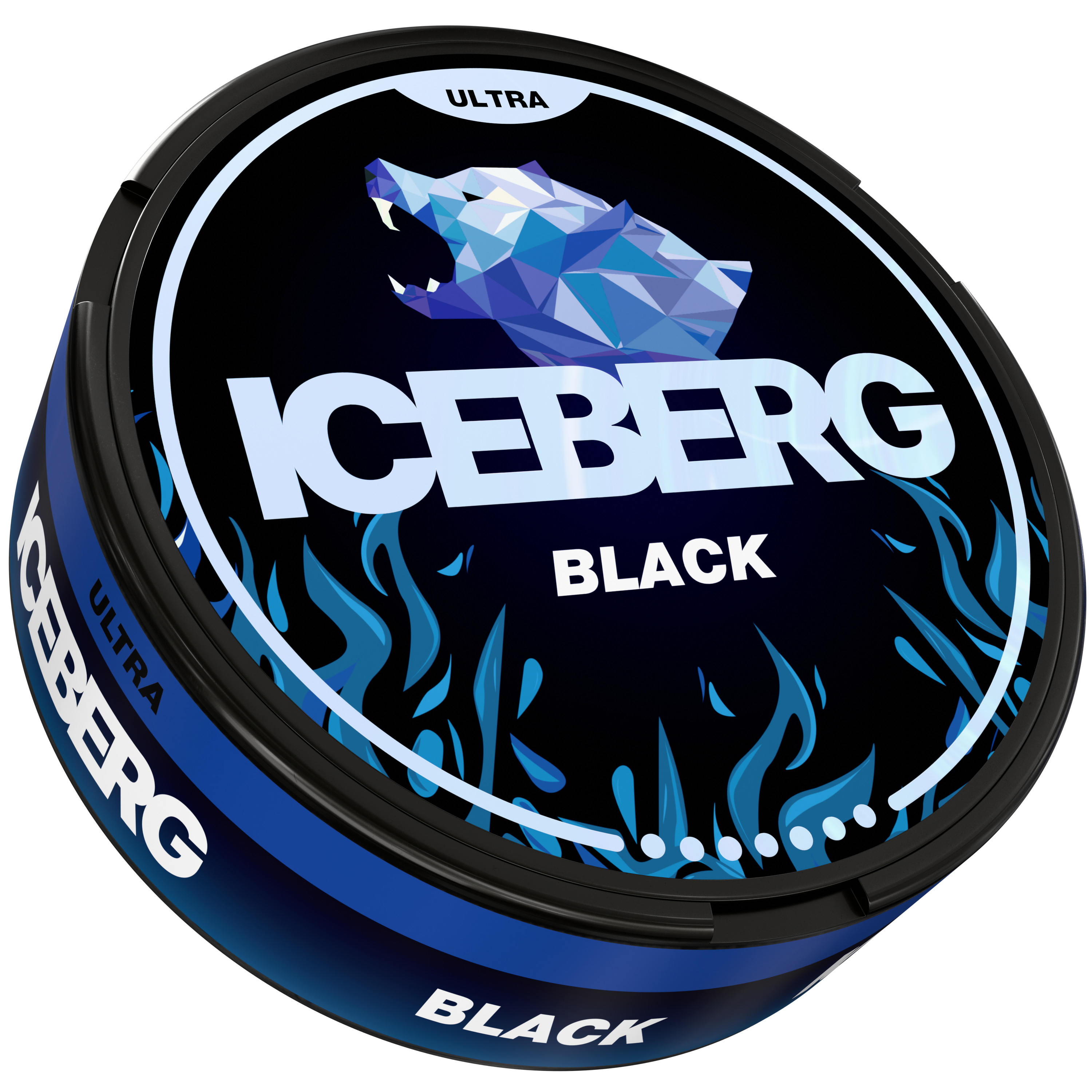 Iceberg Black Ultra strong nicotine pouches tin with blue bear logo and flame design on a black background.