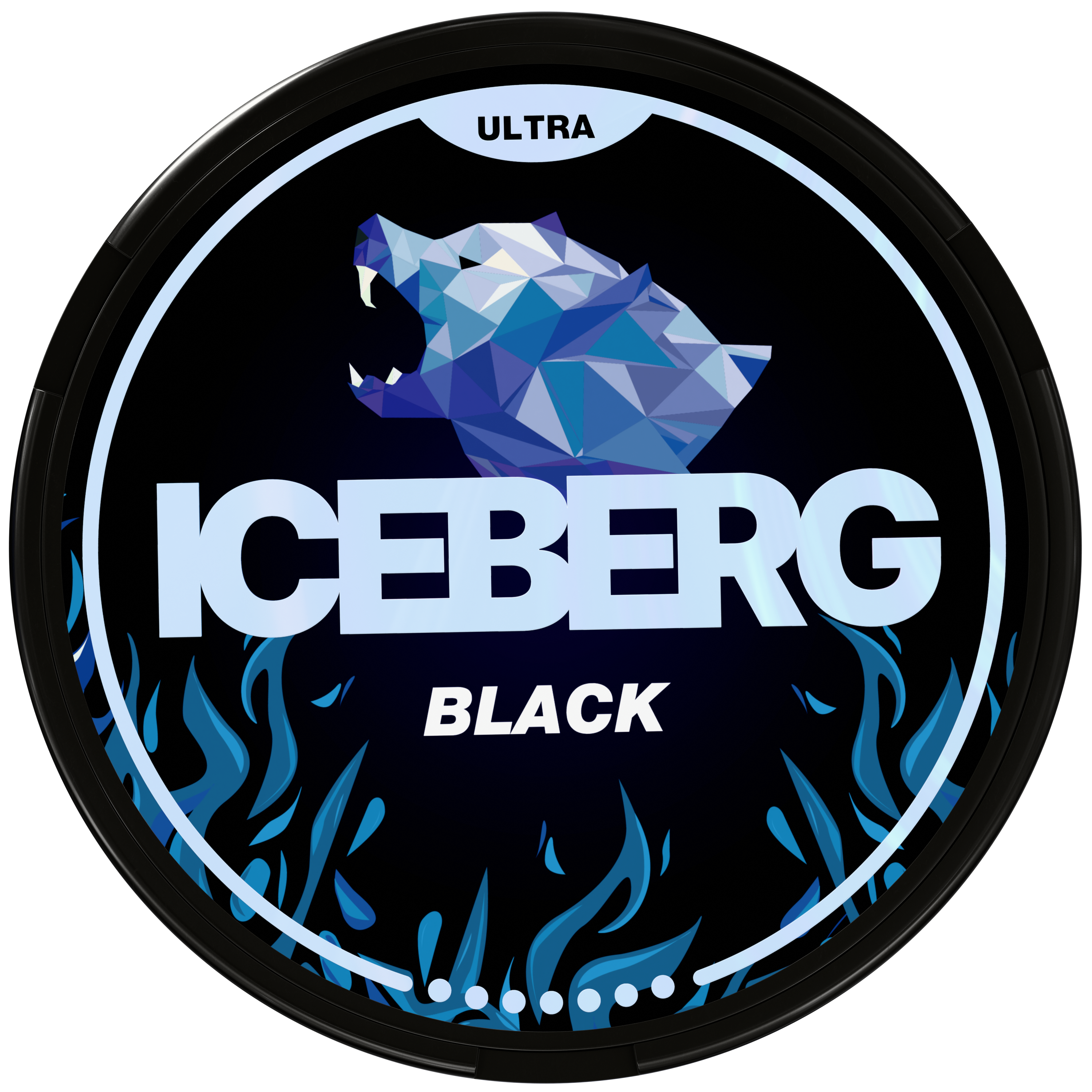 Iceberg Black Ultra Strong Nicotine Pouches with geometric bear logo on a black and blue flame tin lid.