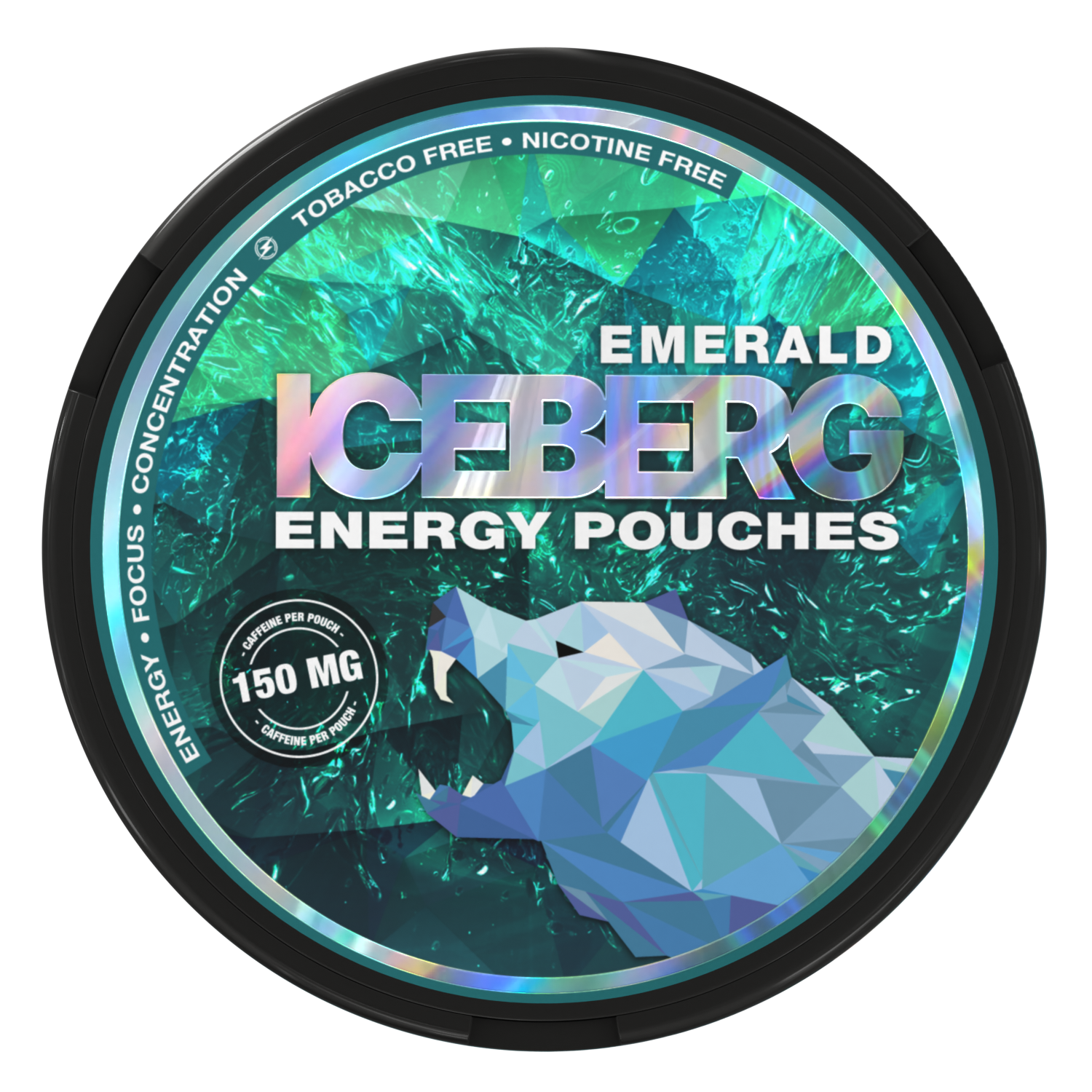 Iceberg Energy Emerald 150mg caffeine pouches. Tobacco and nicotine-free can featuring a geometric polar bear design.