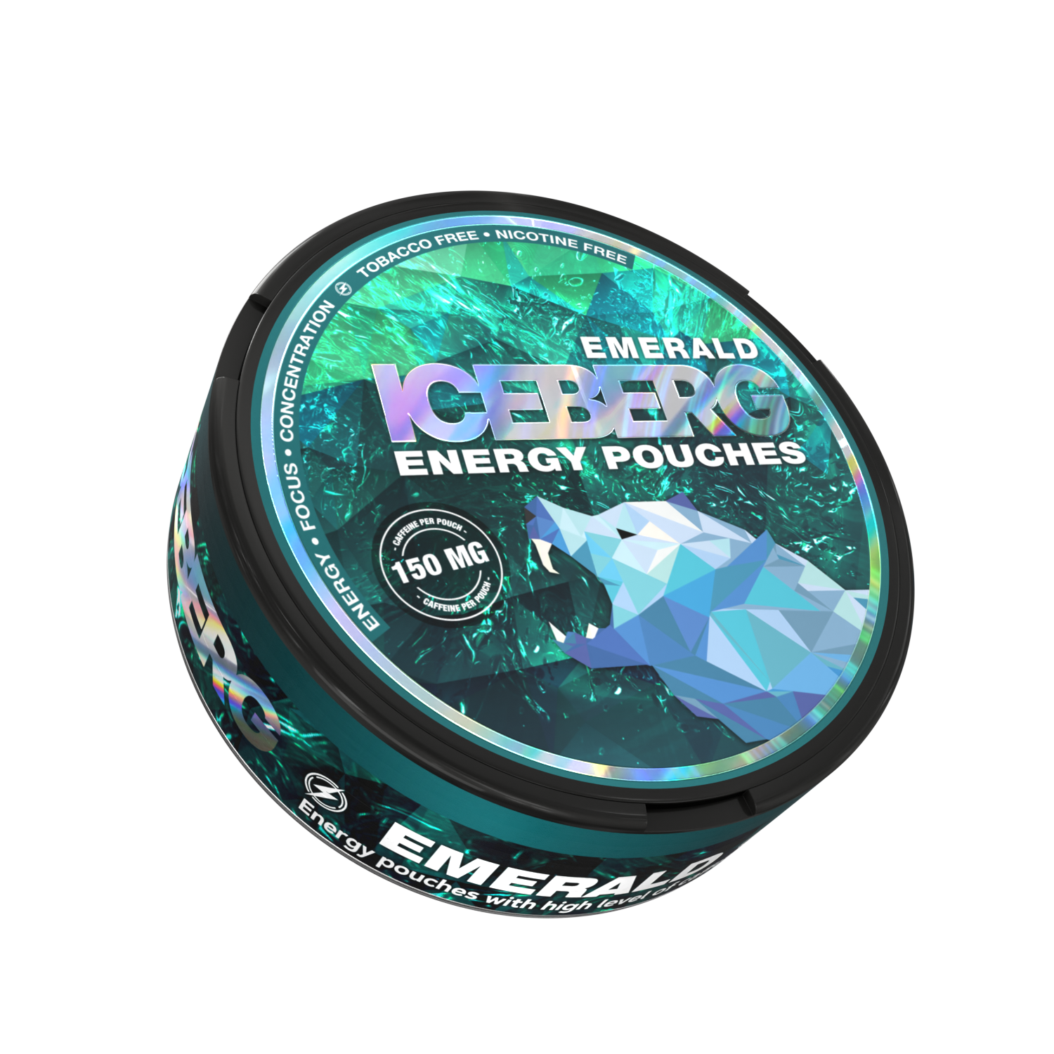 Iceberg Emerald Energy Caffeine Pouches (150mg) - Nicotine Free Can with Polar Bear Graphic