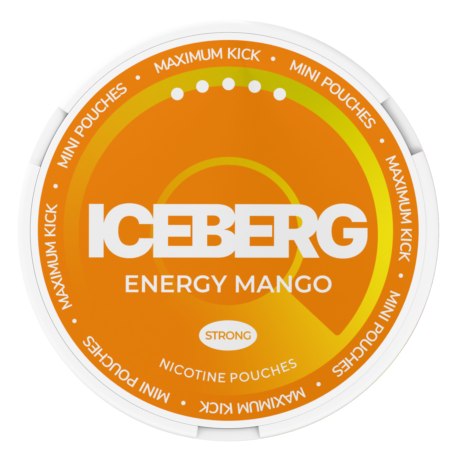 Iceberg Energy Mango Mini Nicotine Pouches 30mg, top view of orange can with strong maximum kick label.