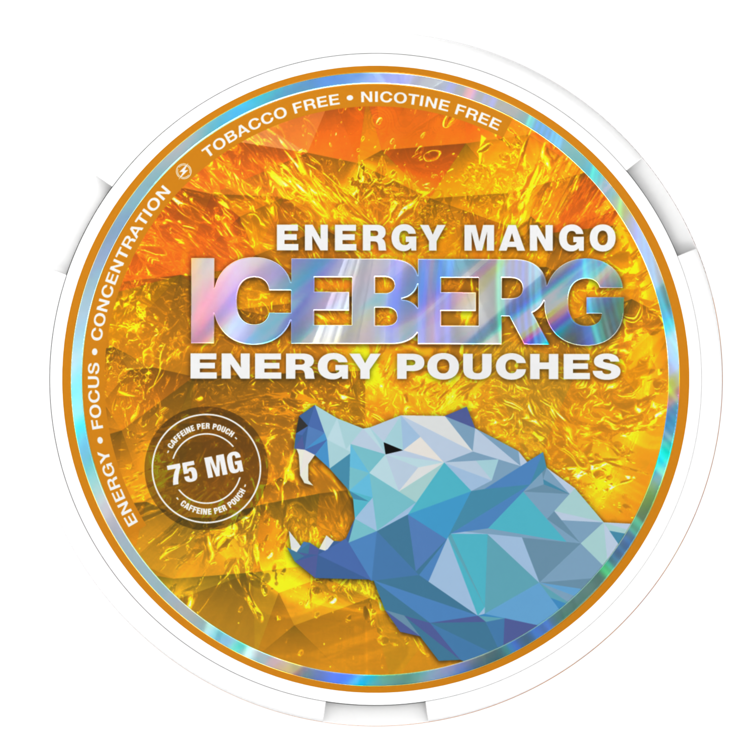 Iceberg Energy Mango Caffeine Pouches 75mg, nicotine-free energy pouches with mango flavour and polar bear design.