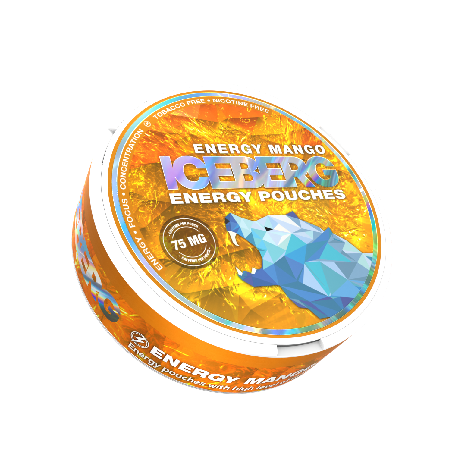 Iceberg Energy Mango 75mg nicotine-free caffeine pouches in a bright orange tin featuring a polar bear logo.