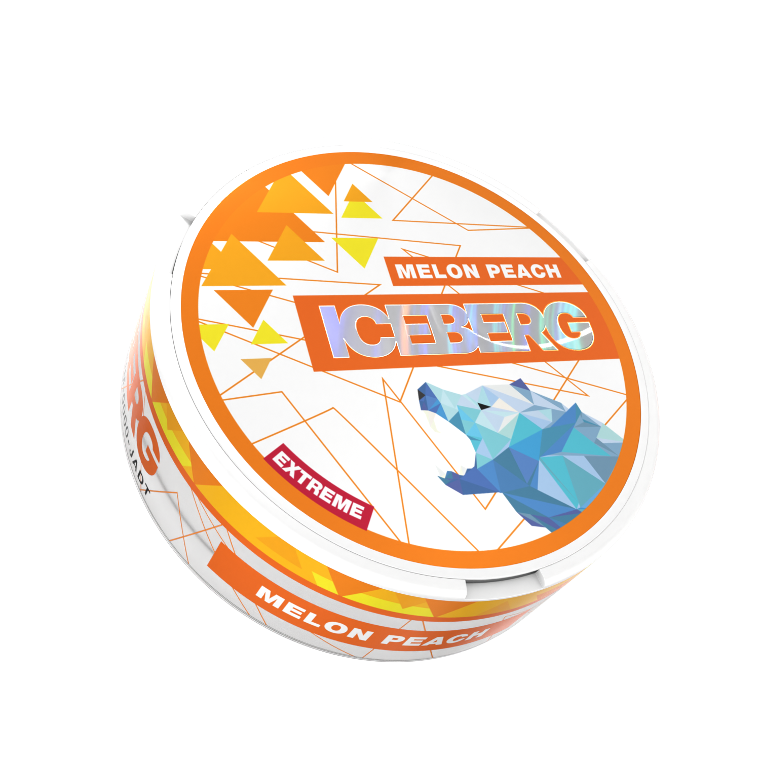 ICEBERG Melon Peach Extreme nicotine pouches tin with 120mg strength and polar bear graphics.