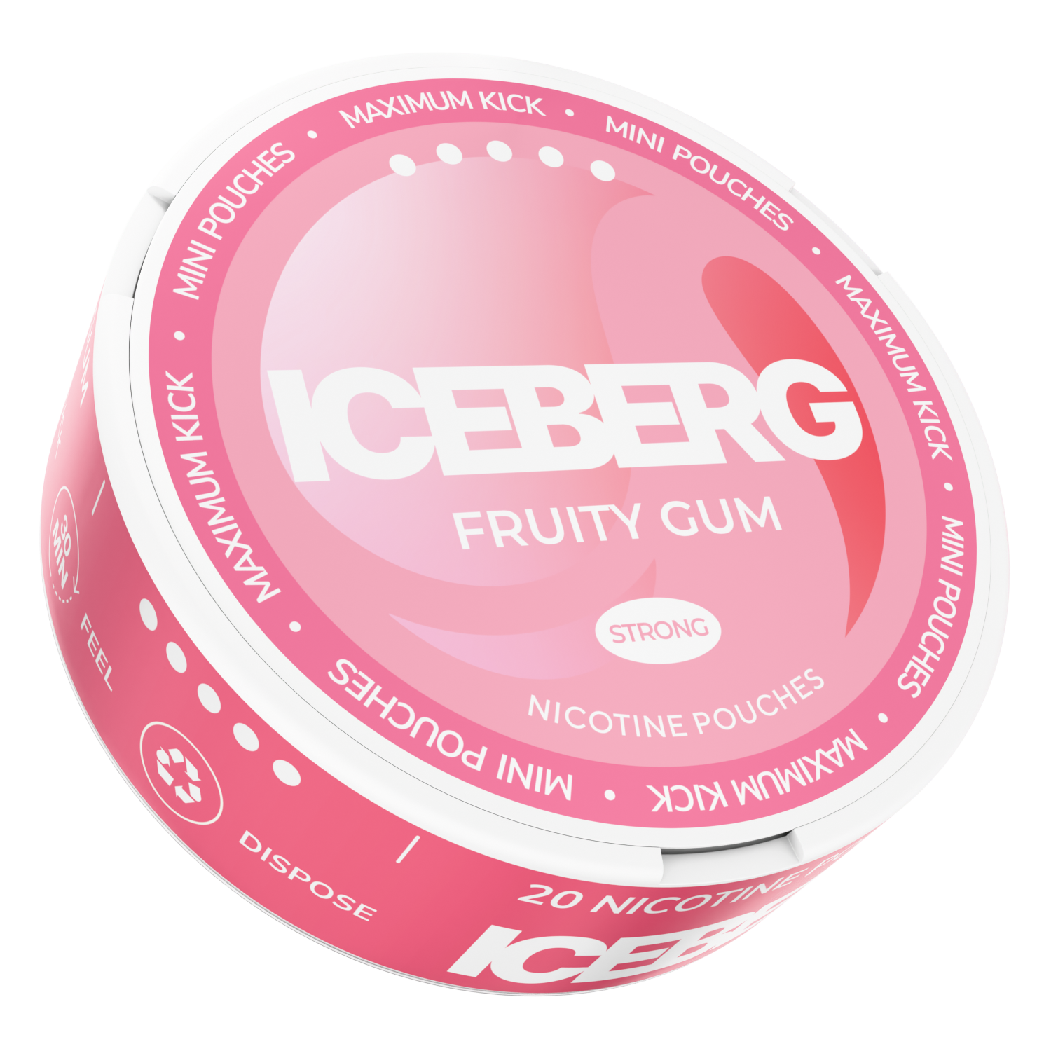 Iceberg Mini Fruity Gum Nicotine Pouches, 30mg strong pink tin side view. Maximum kick mini format pouches.
