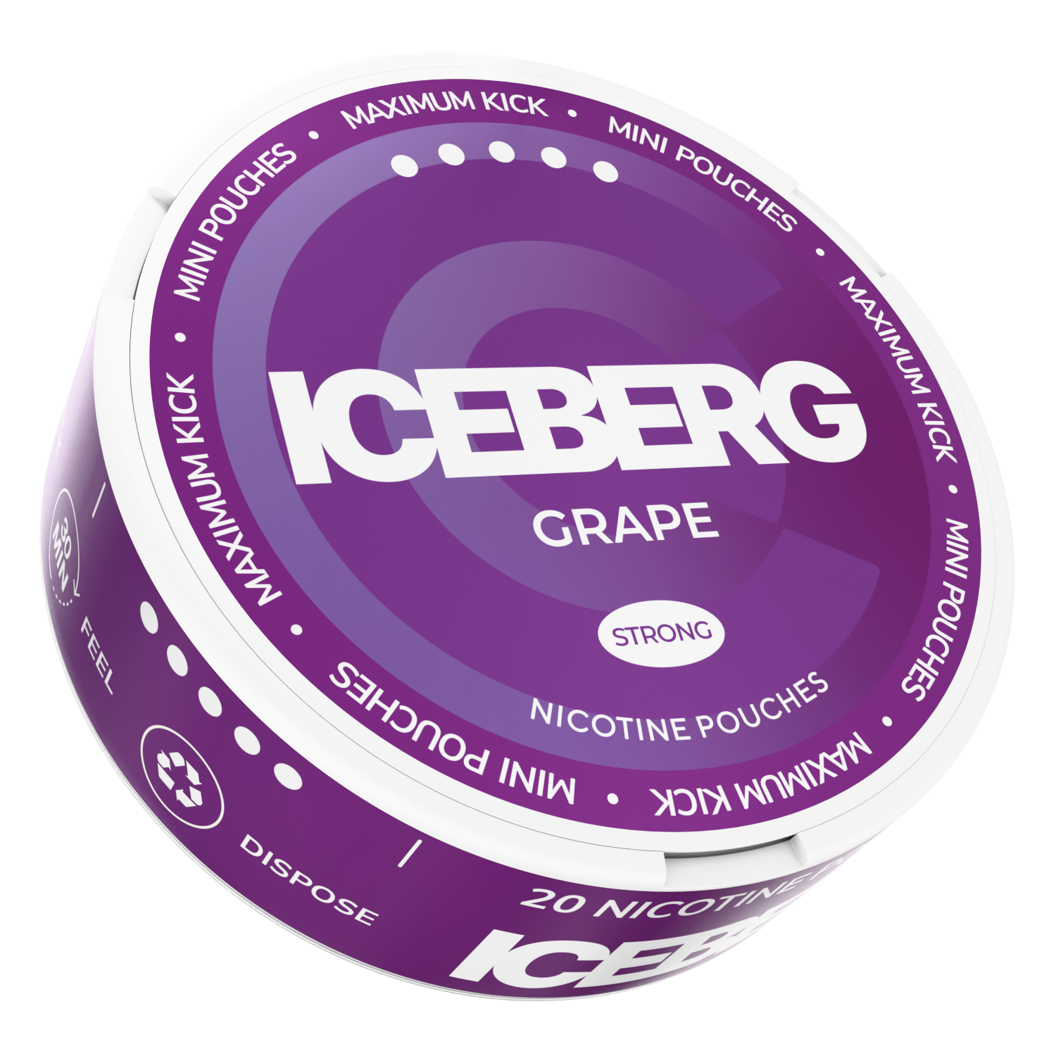 Iceberg Grape 30mg Mini Nicotine Pouches can with purple grape design, featuring 20 strong maximum kick pouches.