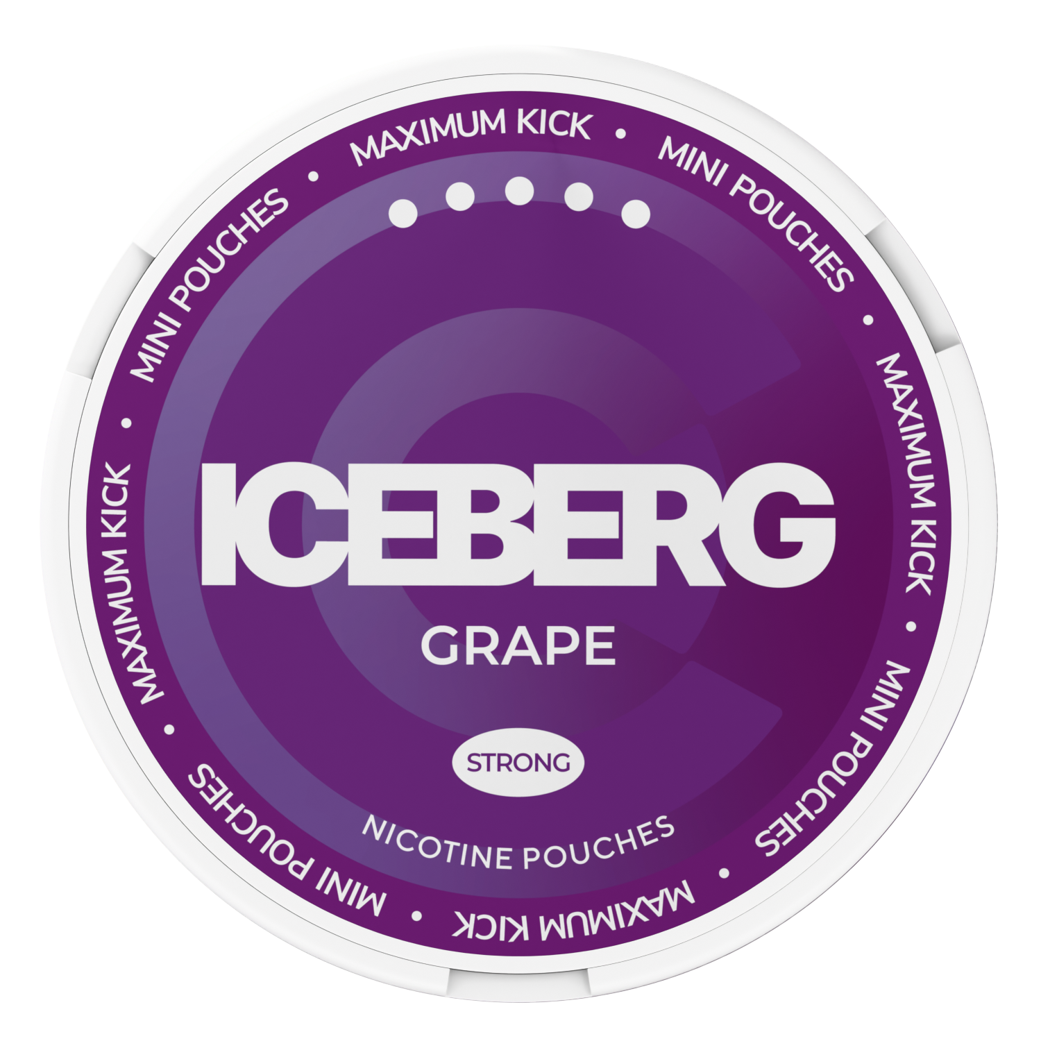 Top view of Iceberg Grape Mini Nicotine Pouches, 30mg strong maximum kick, purple and white compact container lid.