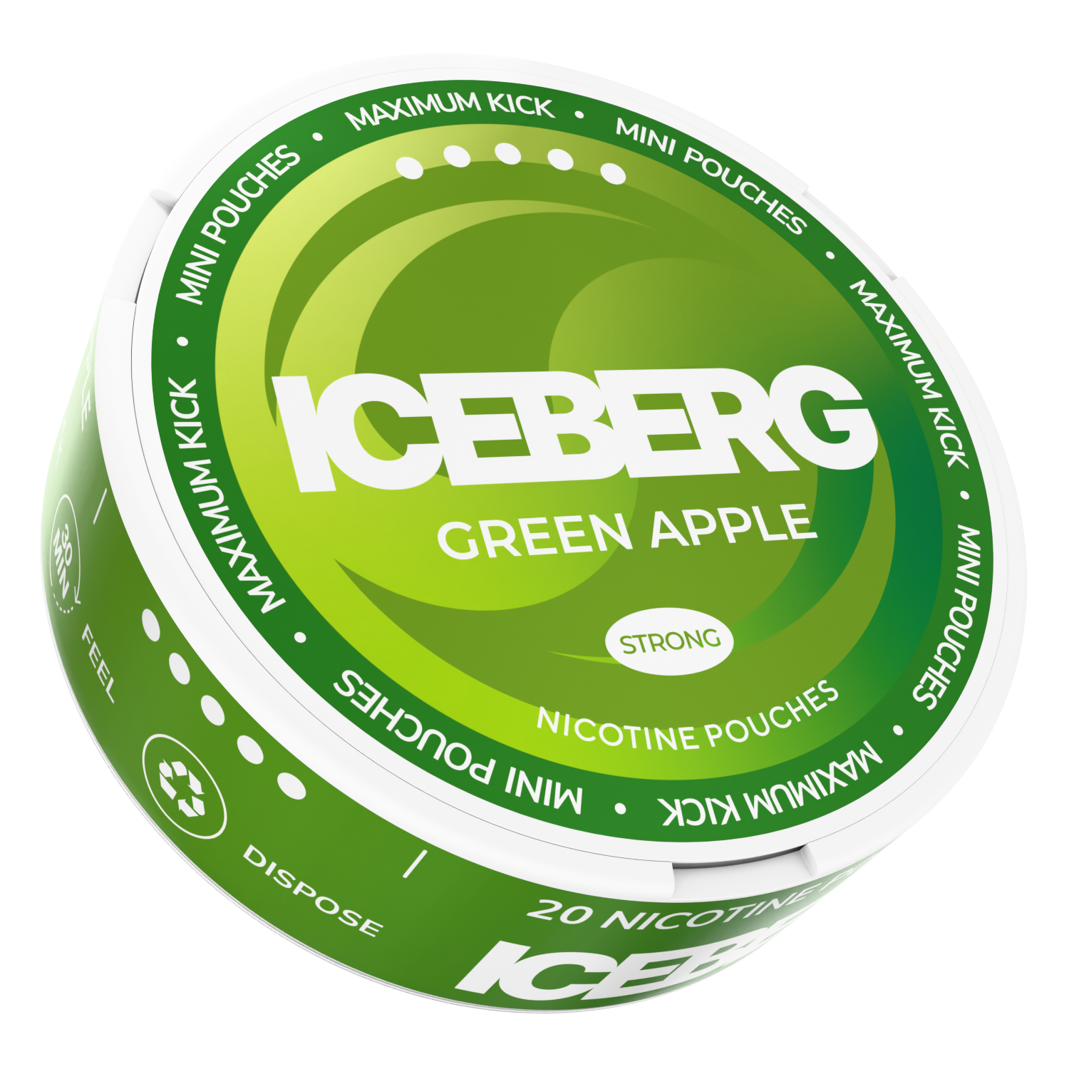 Iceberg Mini Green Apple 30mg strong nicotine pouches, 20 count can with green swirl design.