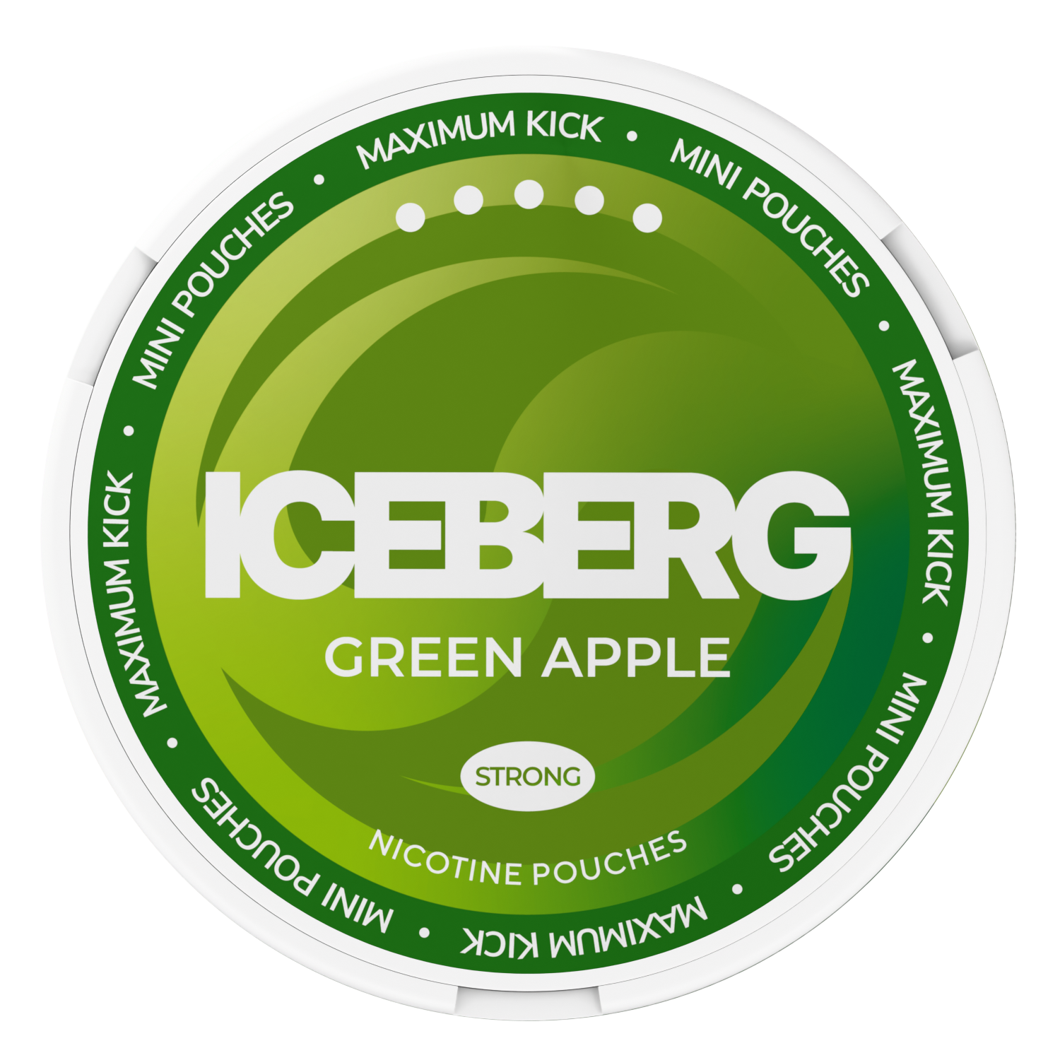 Iceberg Mini Green Apple nicotine pouches 30mg strong, circular green can with Maximum Kick label.
