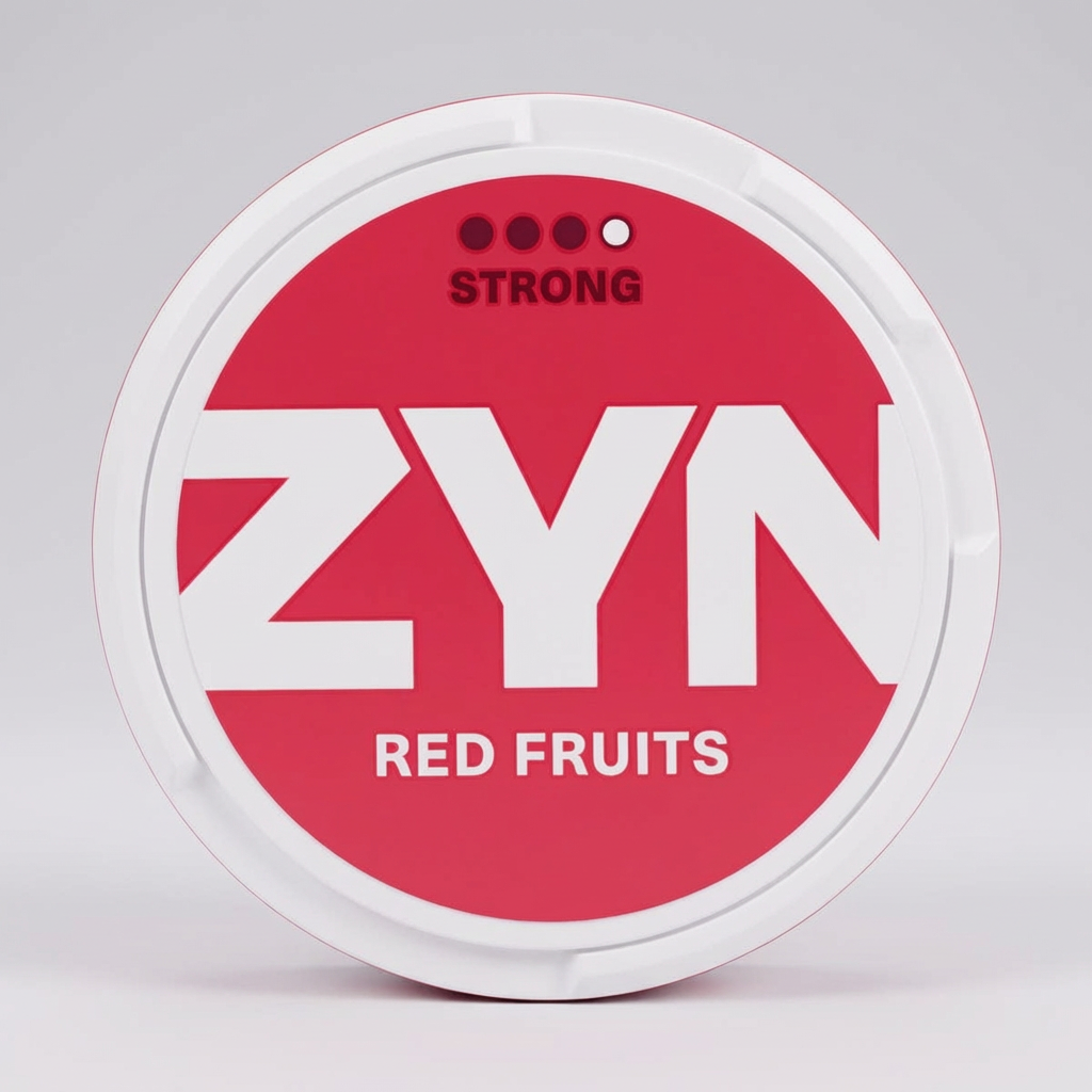 Circular ZYN Red Fruits container, red and white, displaying 'ZYN RED FRUITS' and a 'STRONG' indicator.