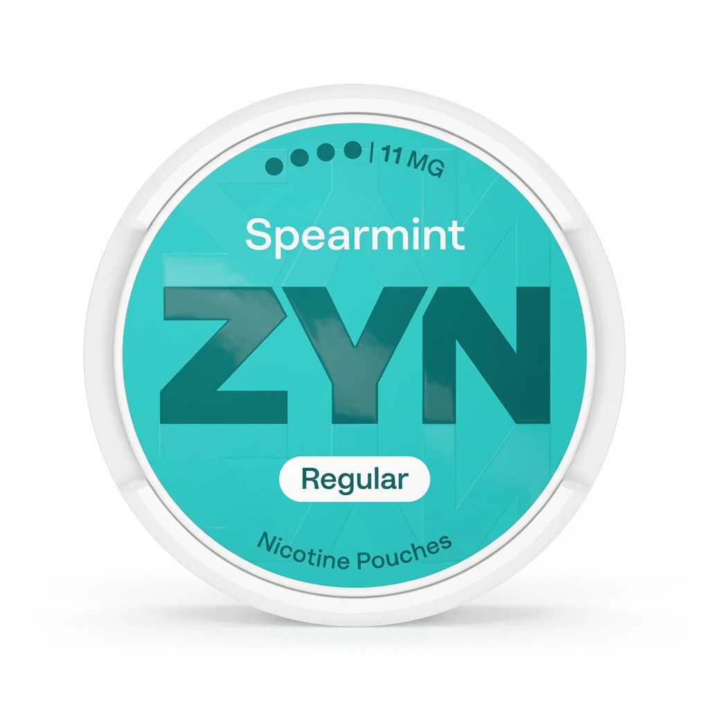 White ZYN Spearmint 11 MG nicotine pouch tin with a teal lid, showing 'Spearmint', '11 MG', and 'Regular' text.