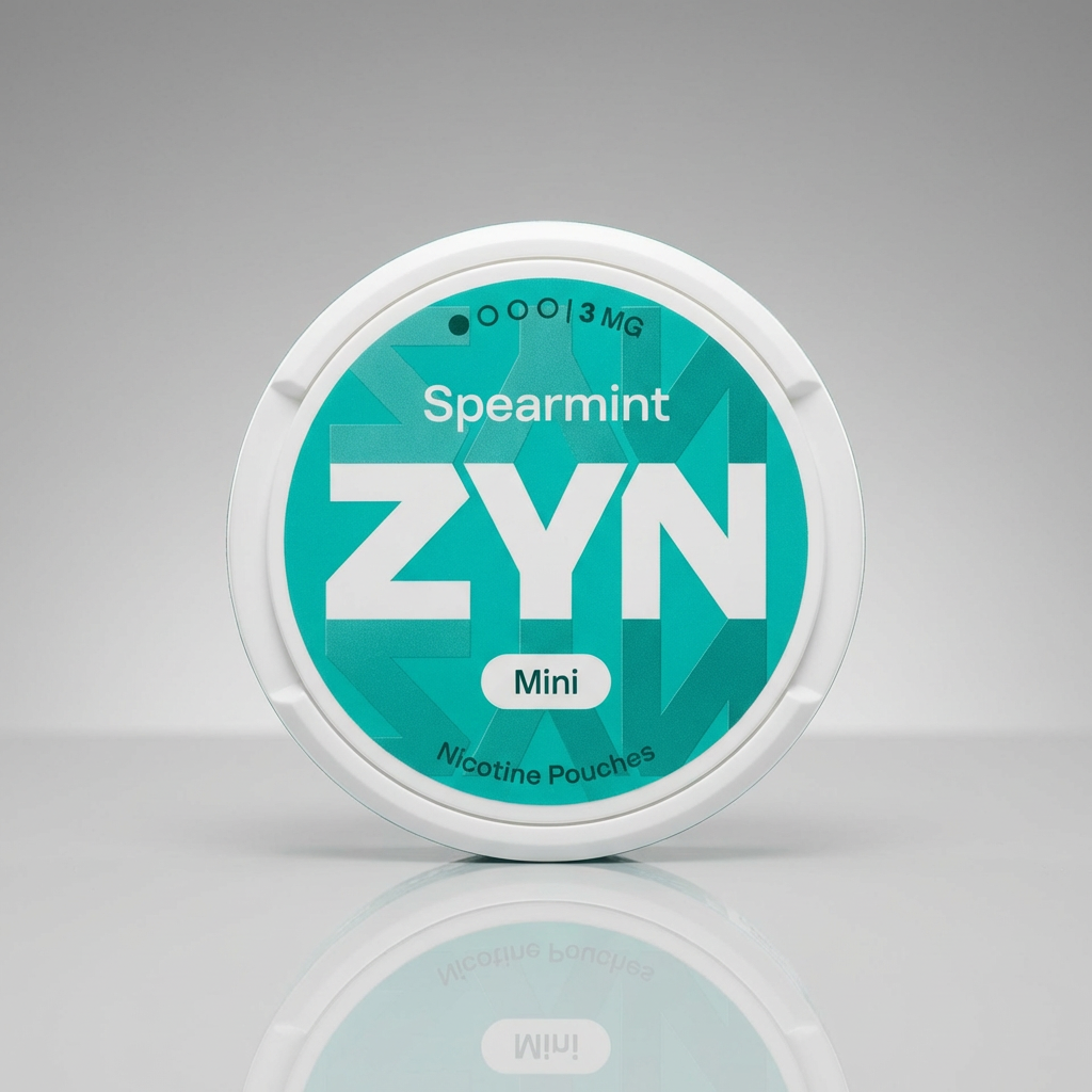 ZYN Spearmint Mini 3mg Nicotine Pouches tin with teal label on a white reflective studio background.