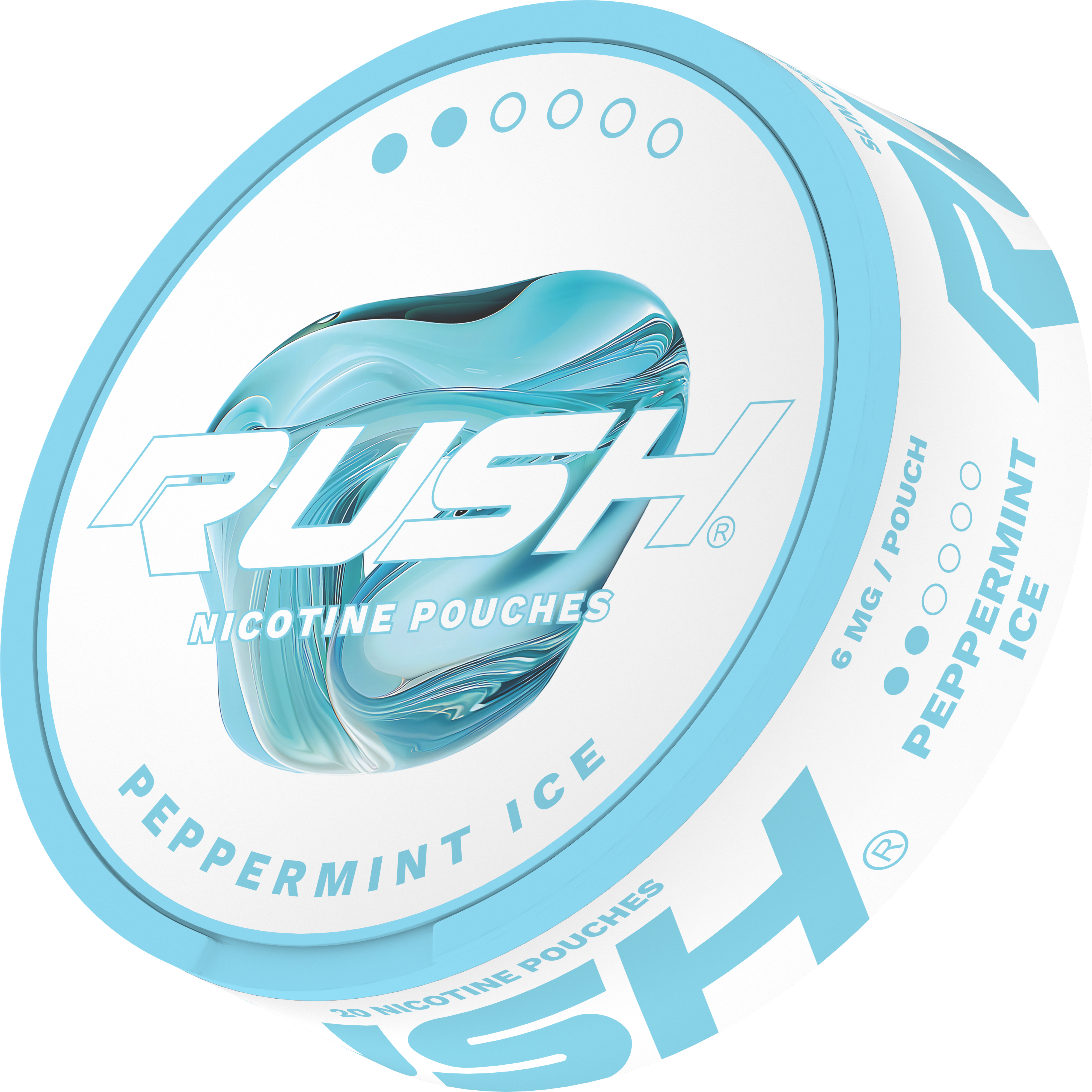 Rush Peppermint Ice Tobacco-Free Nicotine Pouches, 6mg Slim Can showing 20 pouches count, side perspective view.