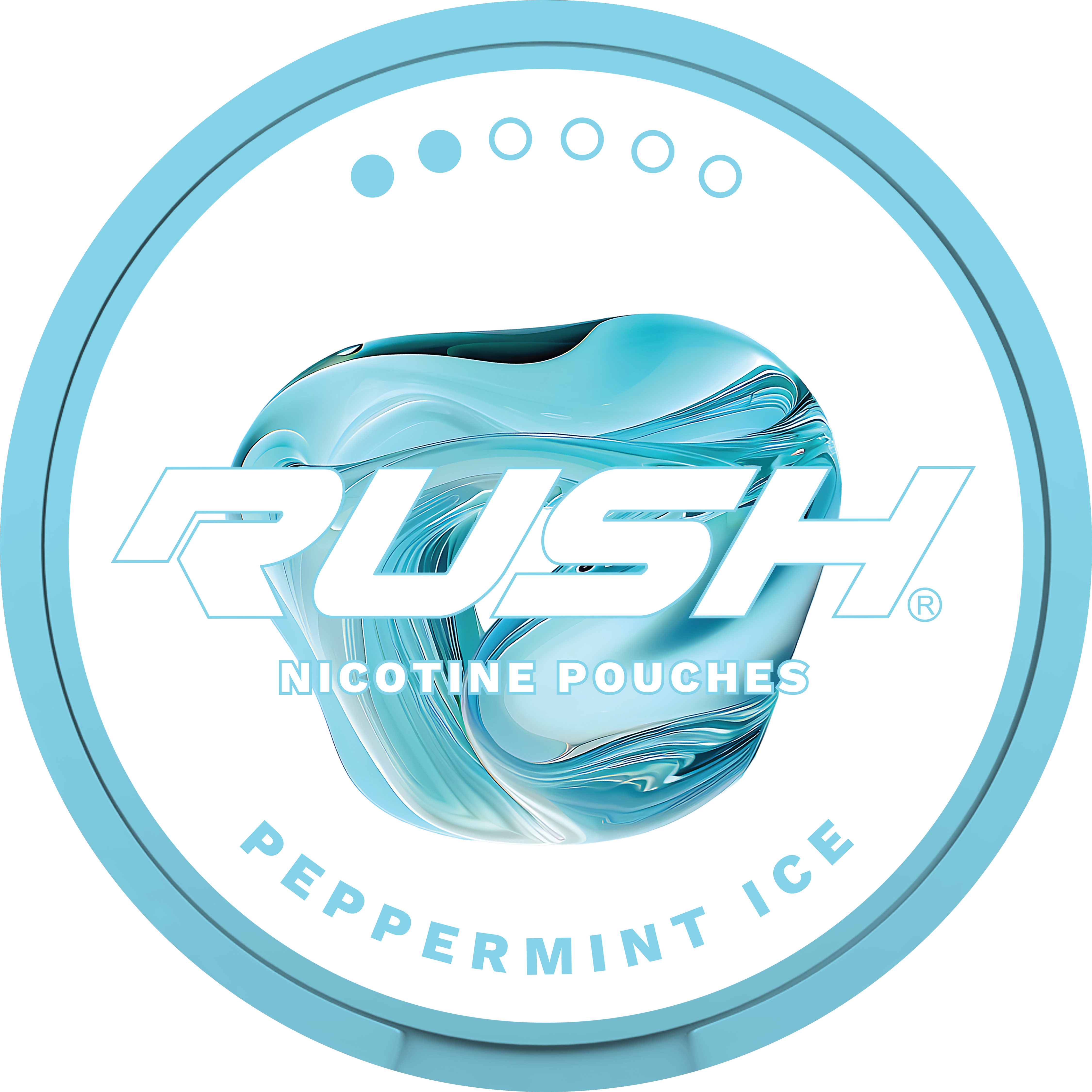 Rush Light Peppermint Ice tobacco-free nicotine pouches can, 6mg strength light peppermint flavor, front view.