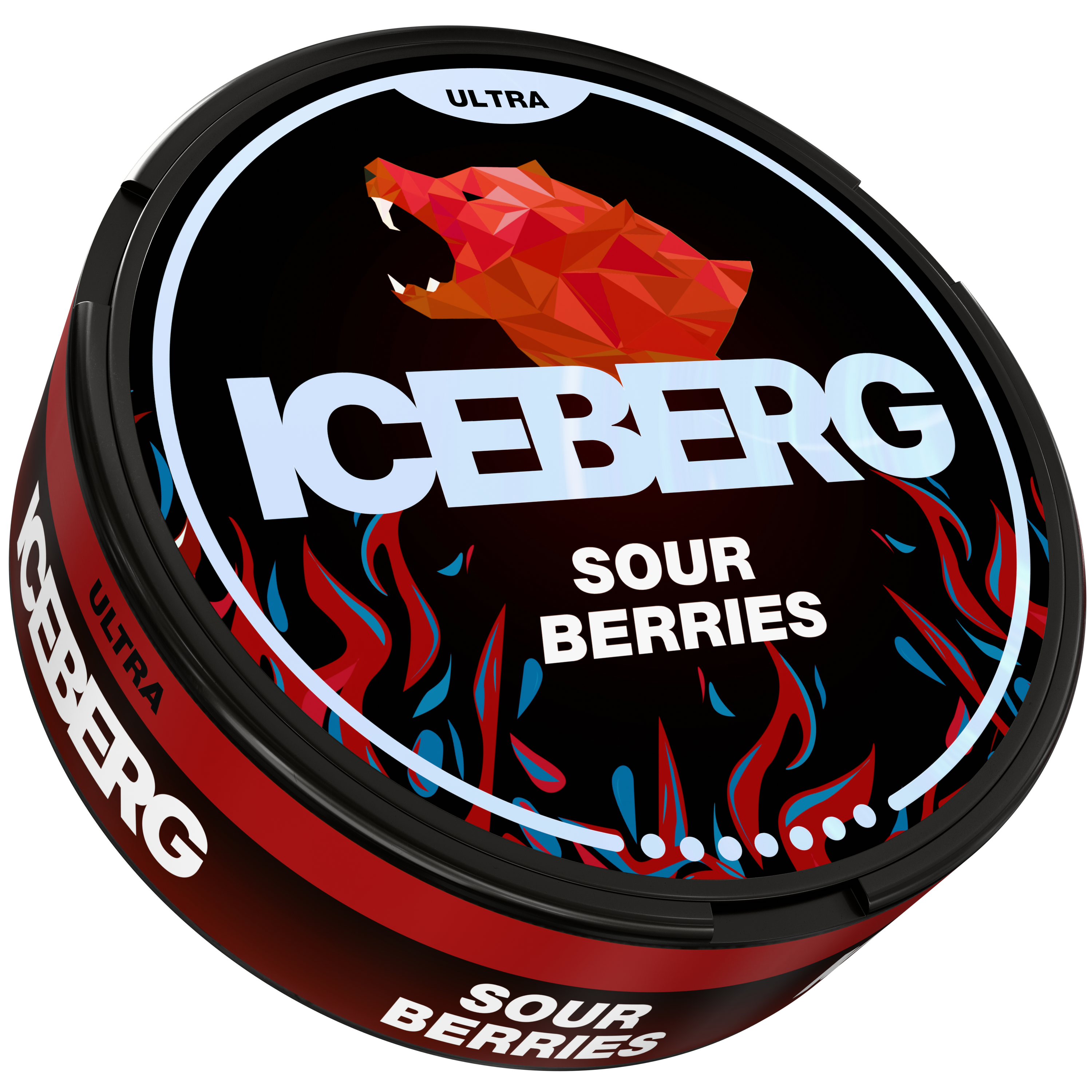 Iceberg Sour Berries 70mg Nicotine Pouches, Ultra strength tin with red bear logo and flame design, side angle view.