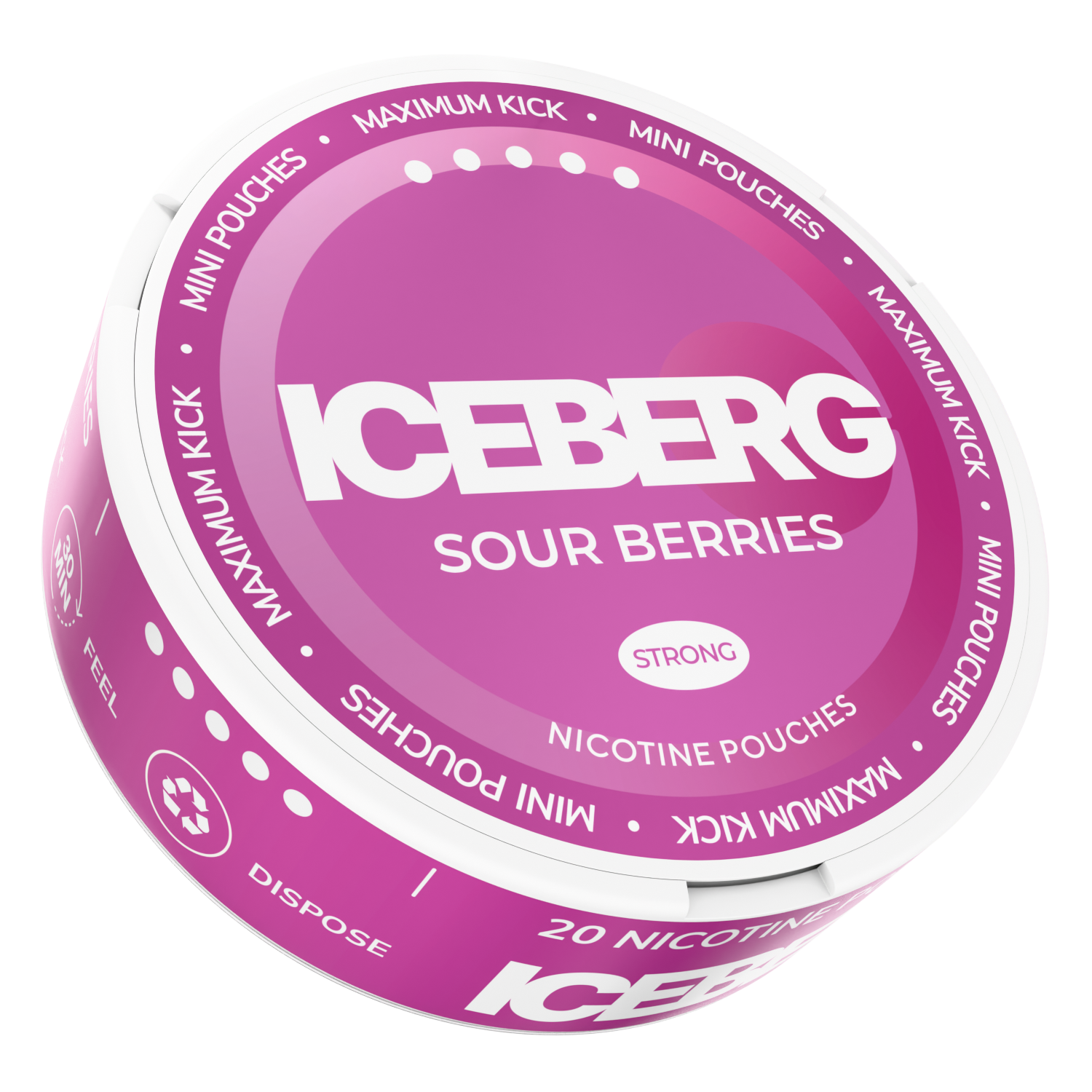 Iceberg Mini Sour Berries 30mg tobacco-free nicotine pouches. Purple and white 20-pouch can, side view on black background.