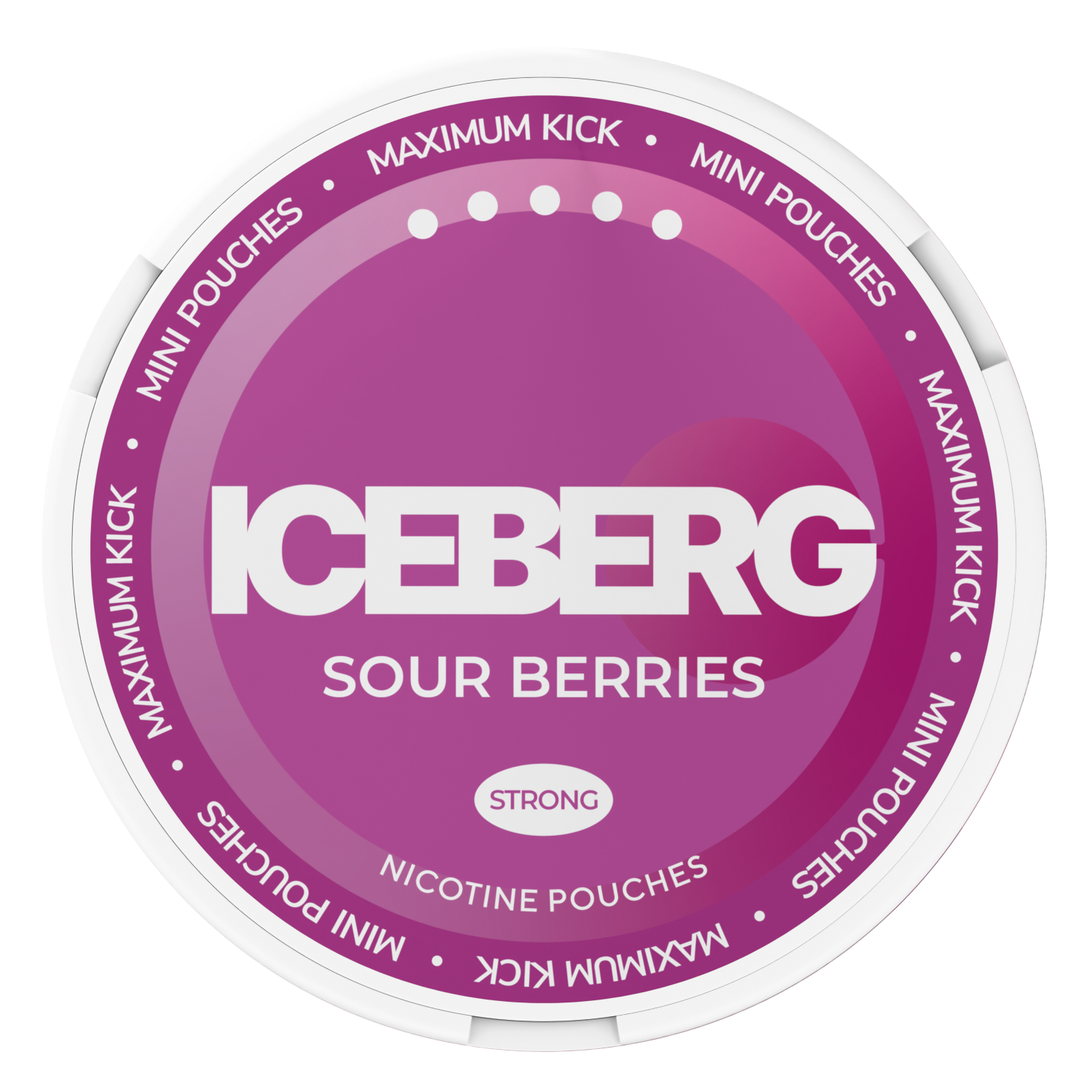 Iceberg Mini Sour Berries Strong Nicotine Pouches can top view. Tobacco-free snus alternative with 30mg strength.