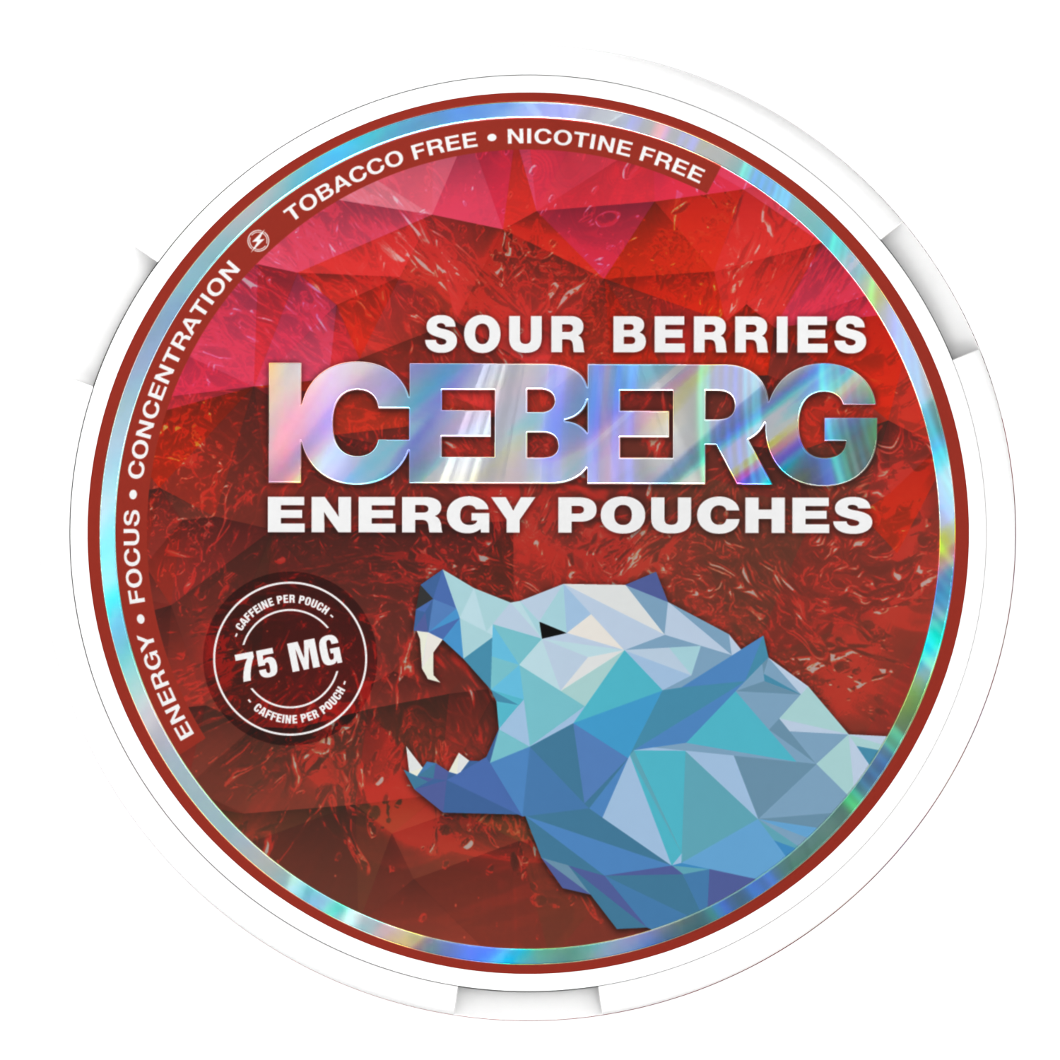 ICEBERG Sour Berries 75MG Caffeine Pouches can with tobacco-free and nicotine-free labels on a red background.