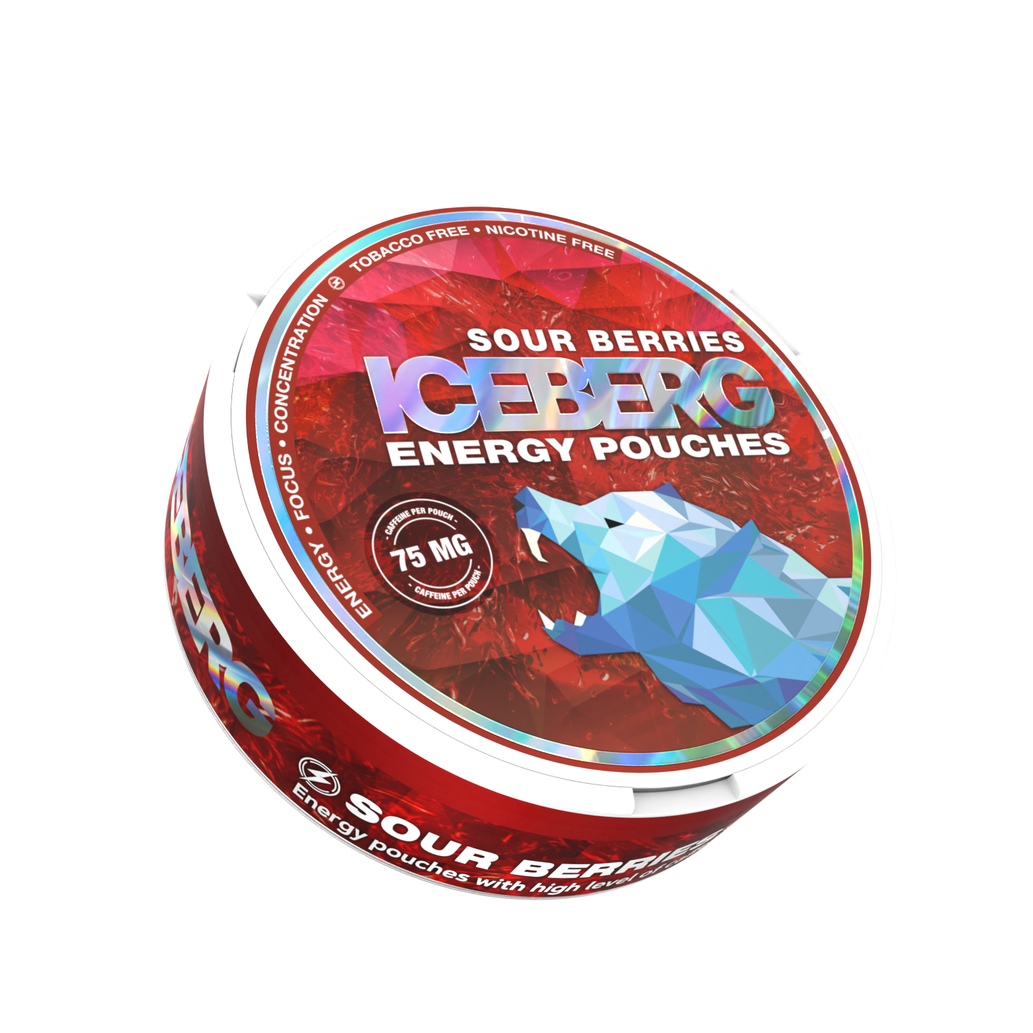 Iceberg Energy Sour Berries 75mg Caffeine Pouches tin. Side view of the tobacco-free, nicotine-free red and white pack.