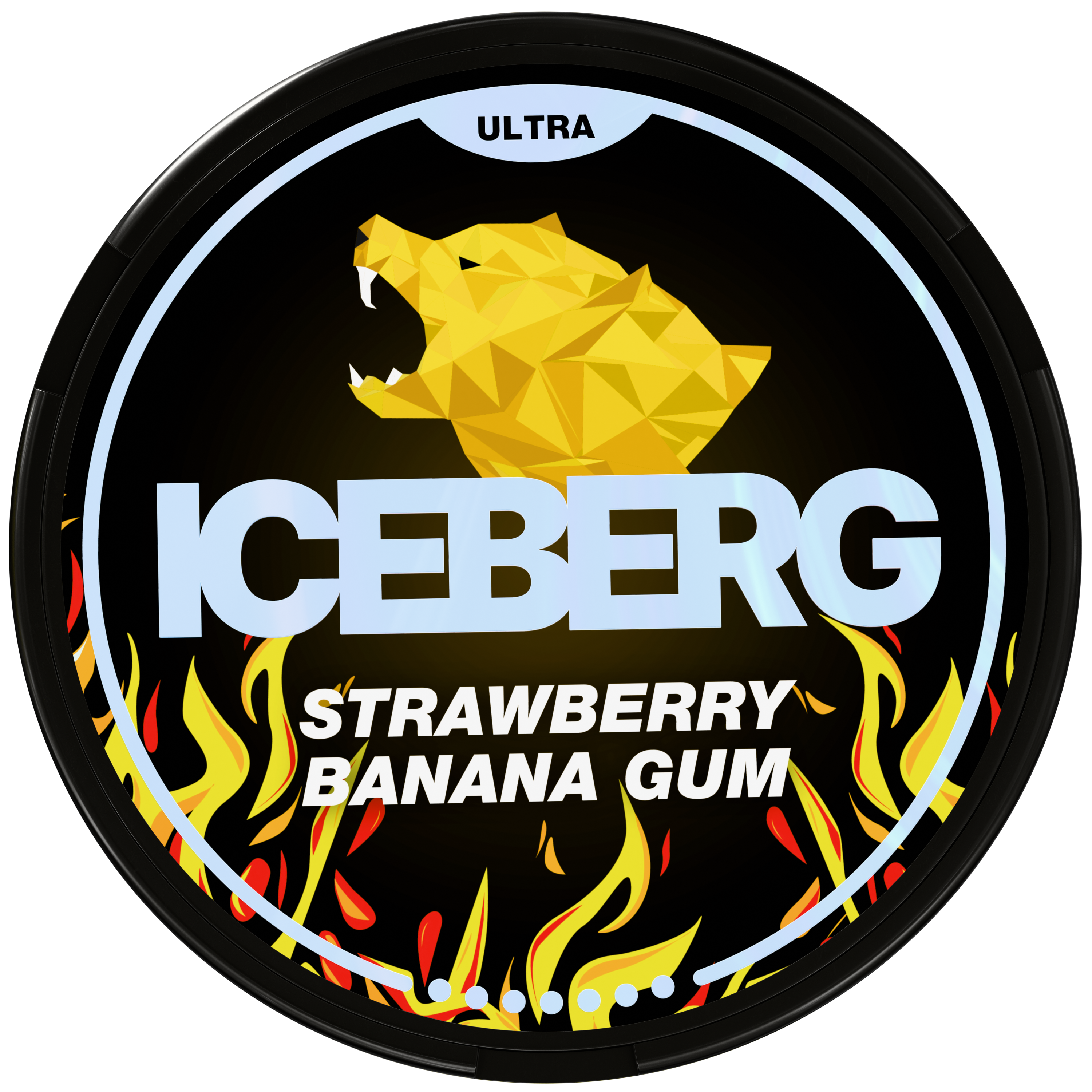 Iceberg Ultra Strawberry Banana Gum Nicotine Pouches, 70mg high-strength can featuring a yellow bear and flame design.