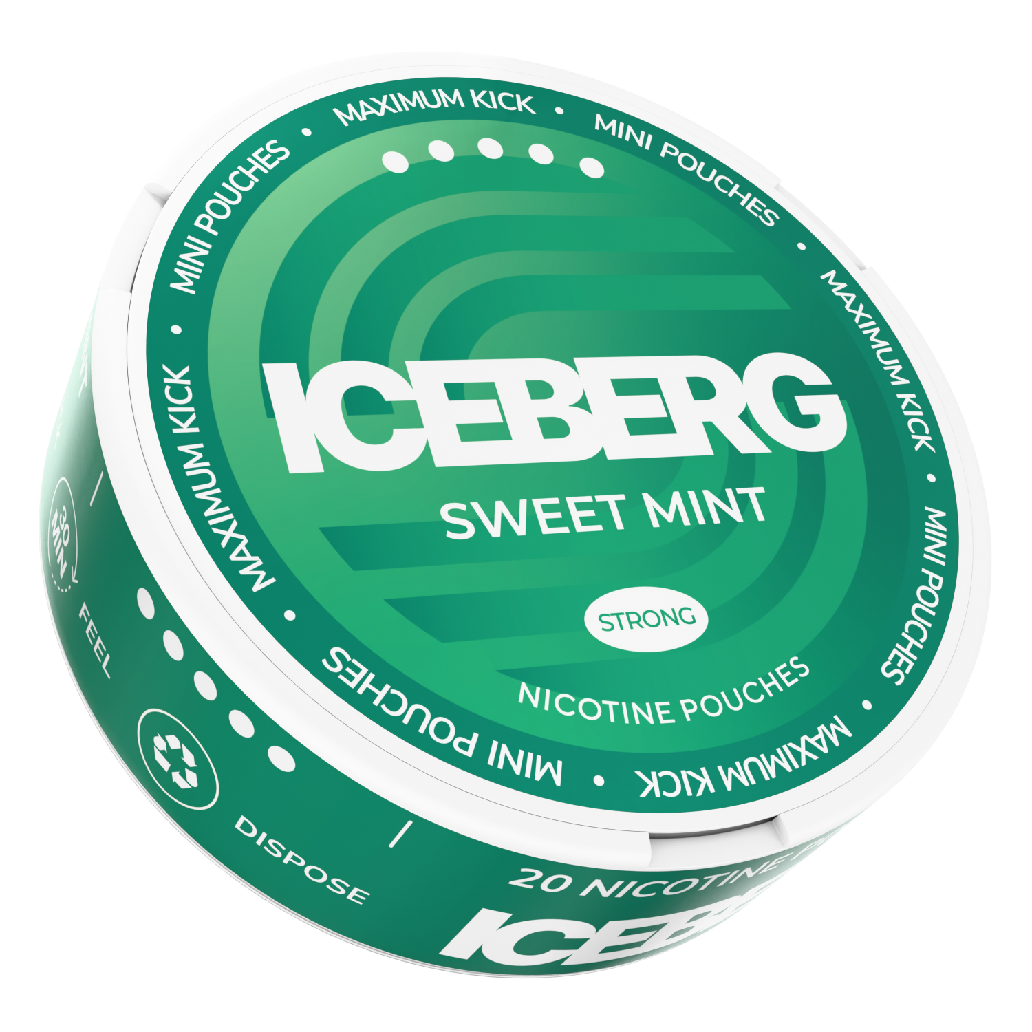 Iceberg Sweet Mint Mini Nicotine Pouches, 30mg strong mint flavour tobacco-free snus tin in a side view.