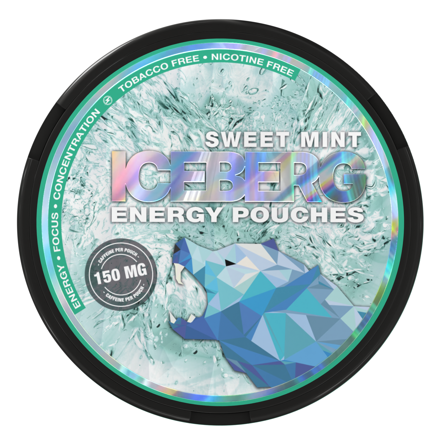 Iceberg Energy Sweet Mint 150mg Caffeine Pouches: Tobacco-free, sugar-free energy supplement with fresh mint flavor.