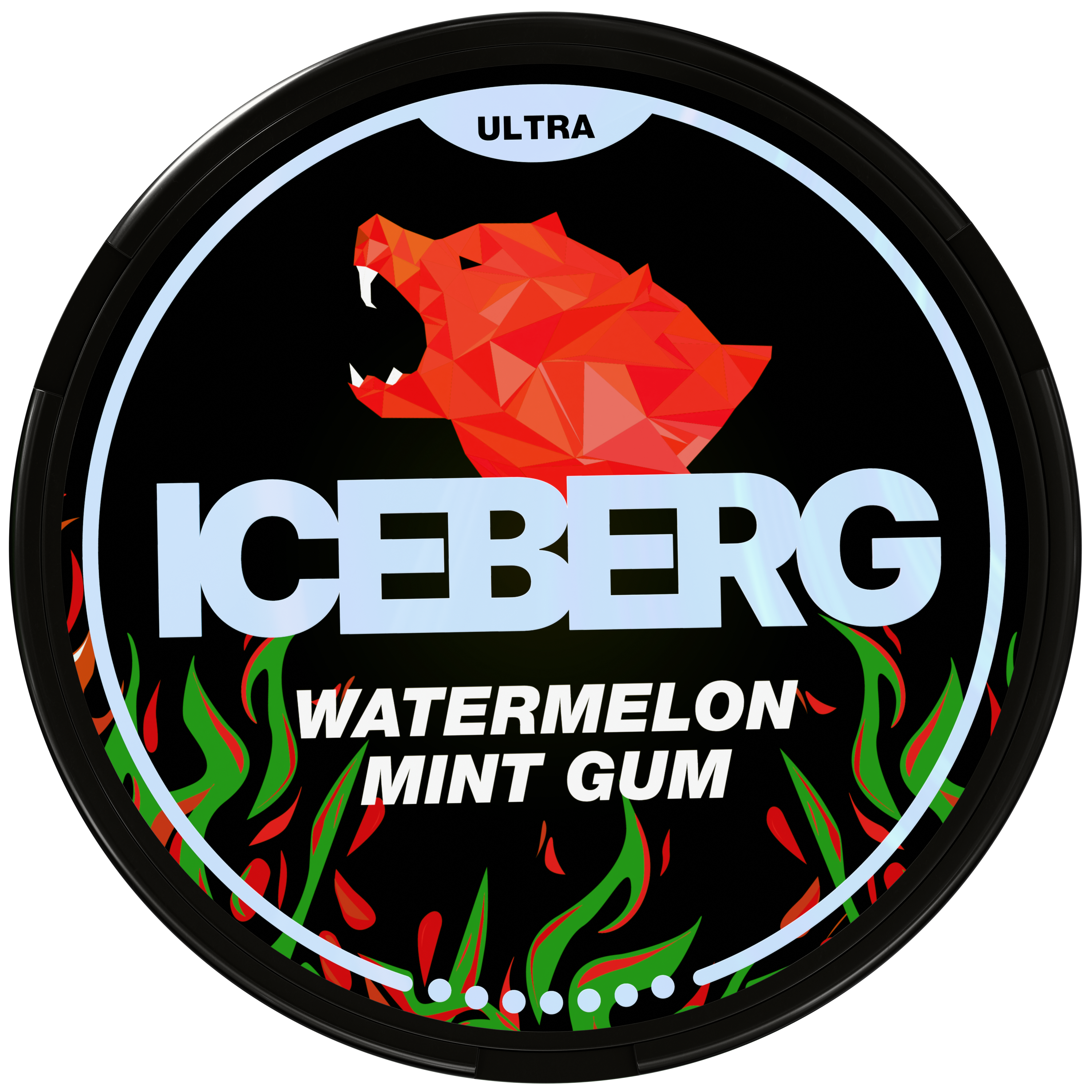 Iceberg Ultra Watermelon Mint Gum 70mg Nicotine Pouches can with red wolf logo and flame design.