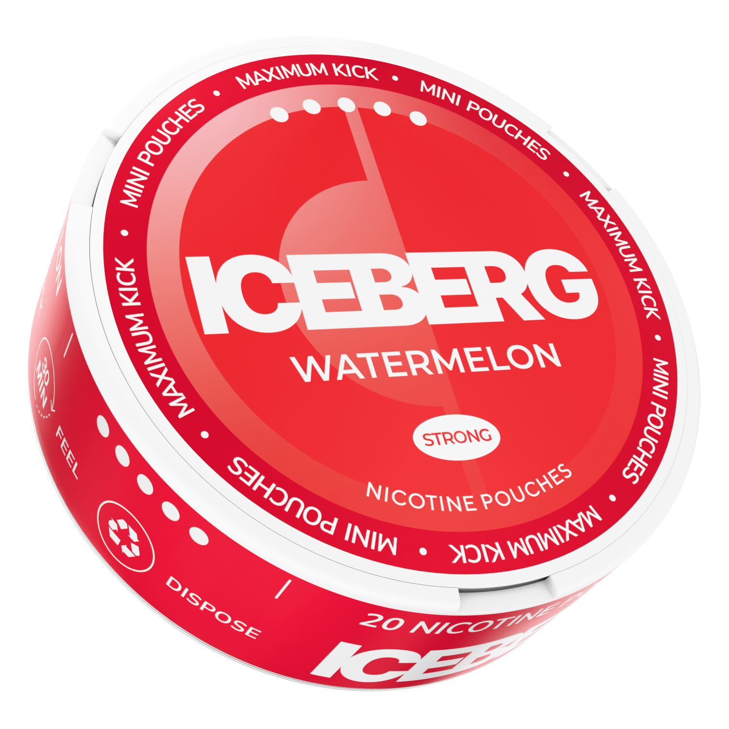 Side view of ICEBERG Watermelon Mini Nicotine Pouches can, 30mg strong tobacco-free snus alternative.