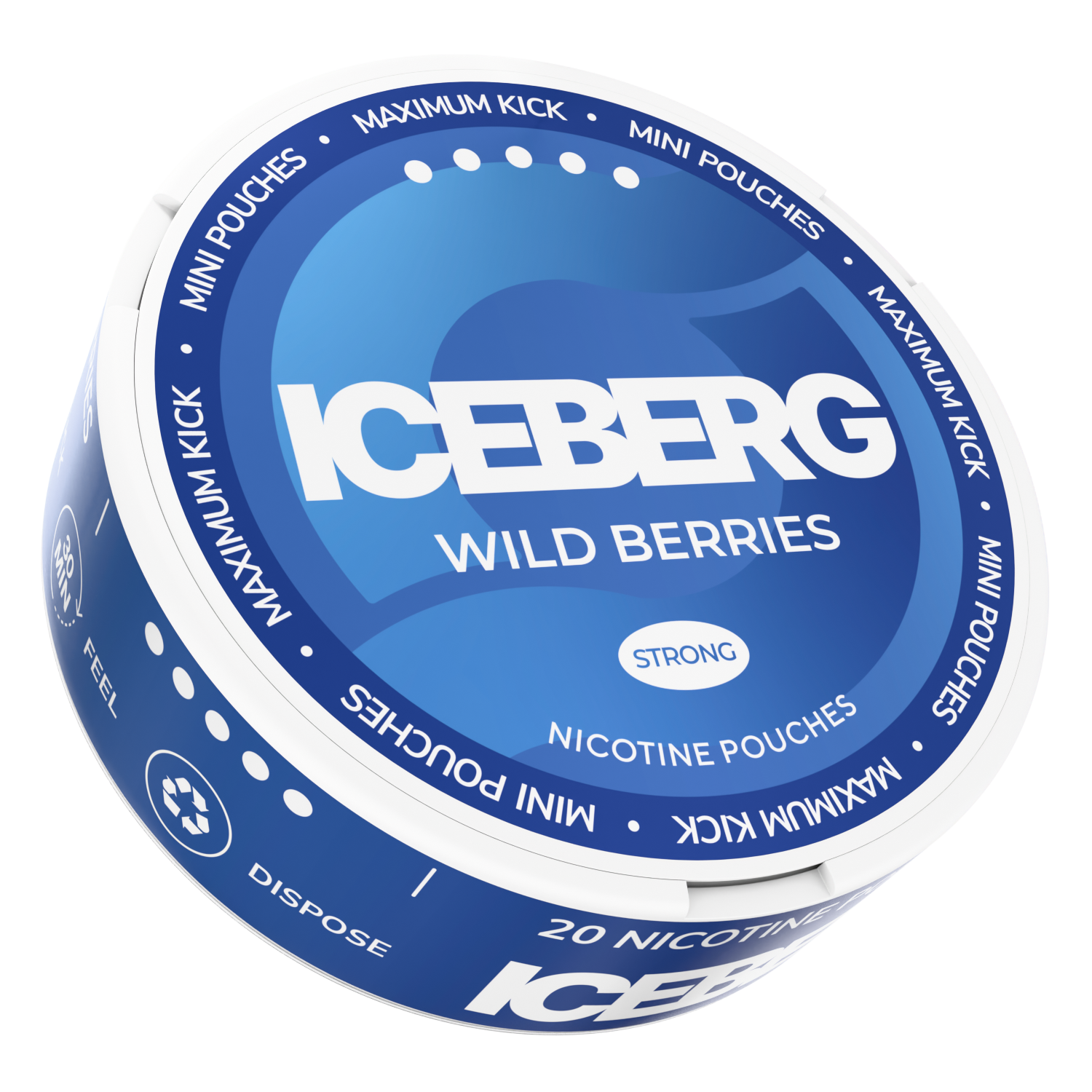Iceberg Mini Wild Berries 30mg nicotine pouches can, side view showing blue label and tobacco-free mini format.