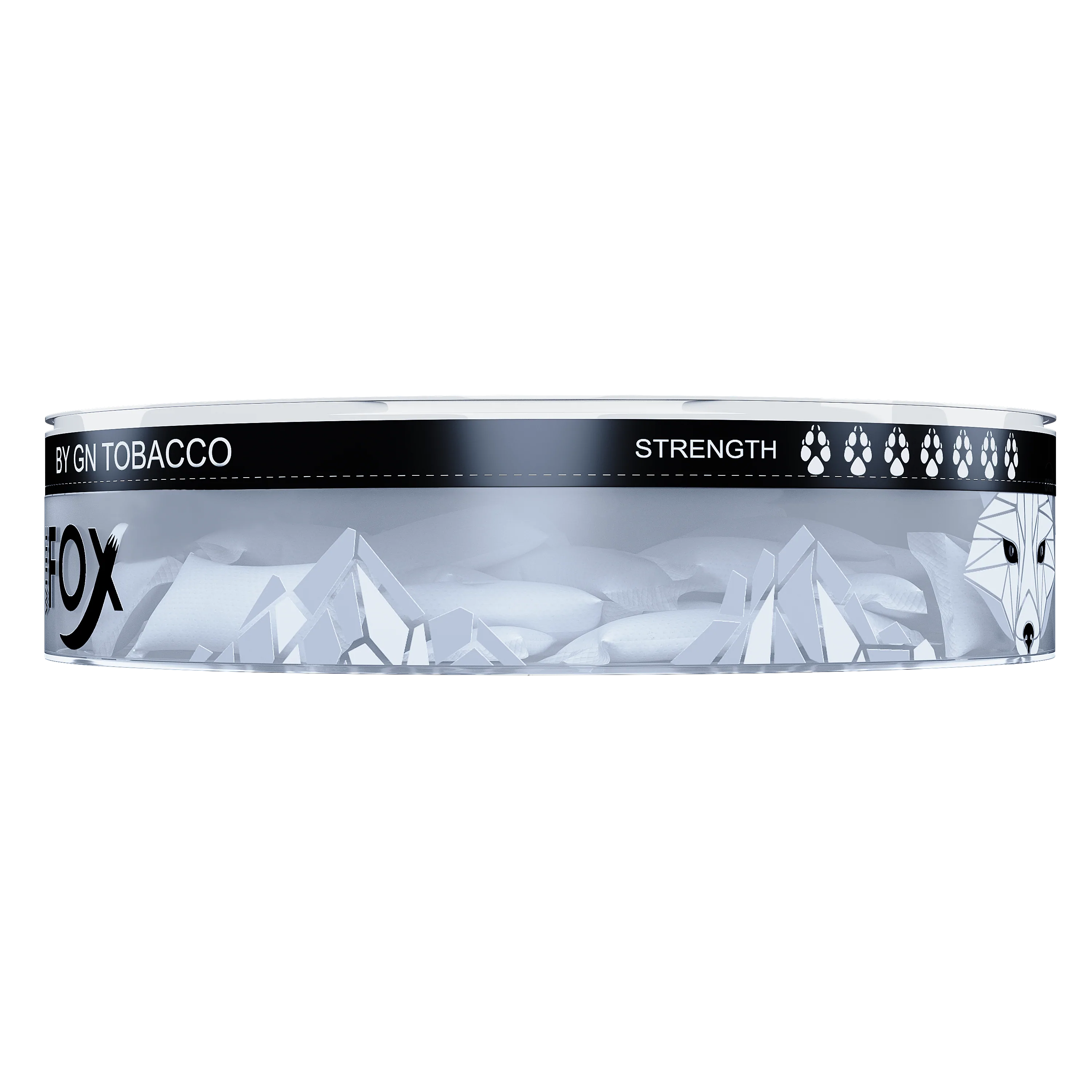 Side view of White Fox Black nicotine pouches in a transparent tin with mountain graphics and paw print strength meter.