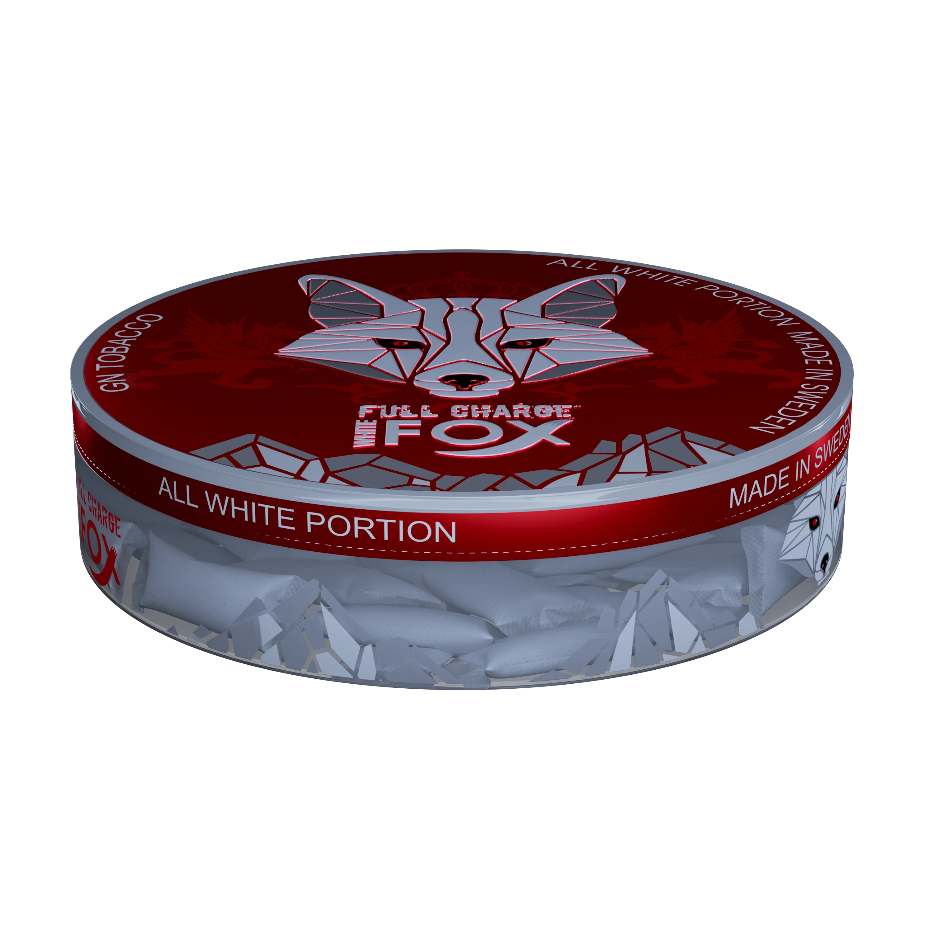 White Fox Full Charge tobacco-free nicotine pouches in a red and silver can featuring a geometric fox logo.
