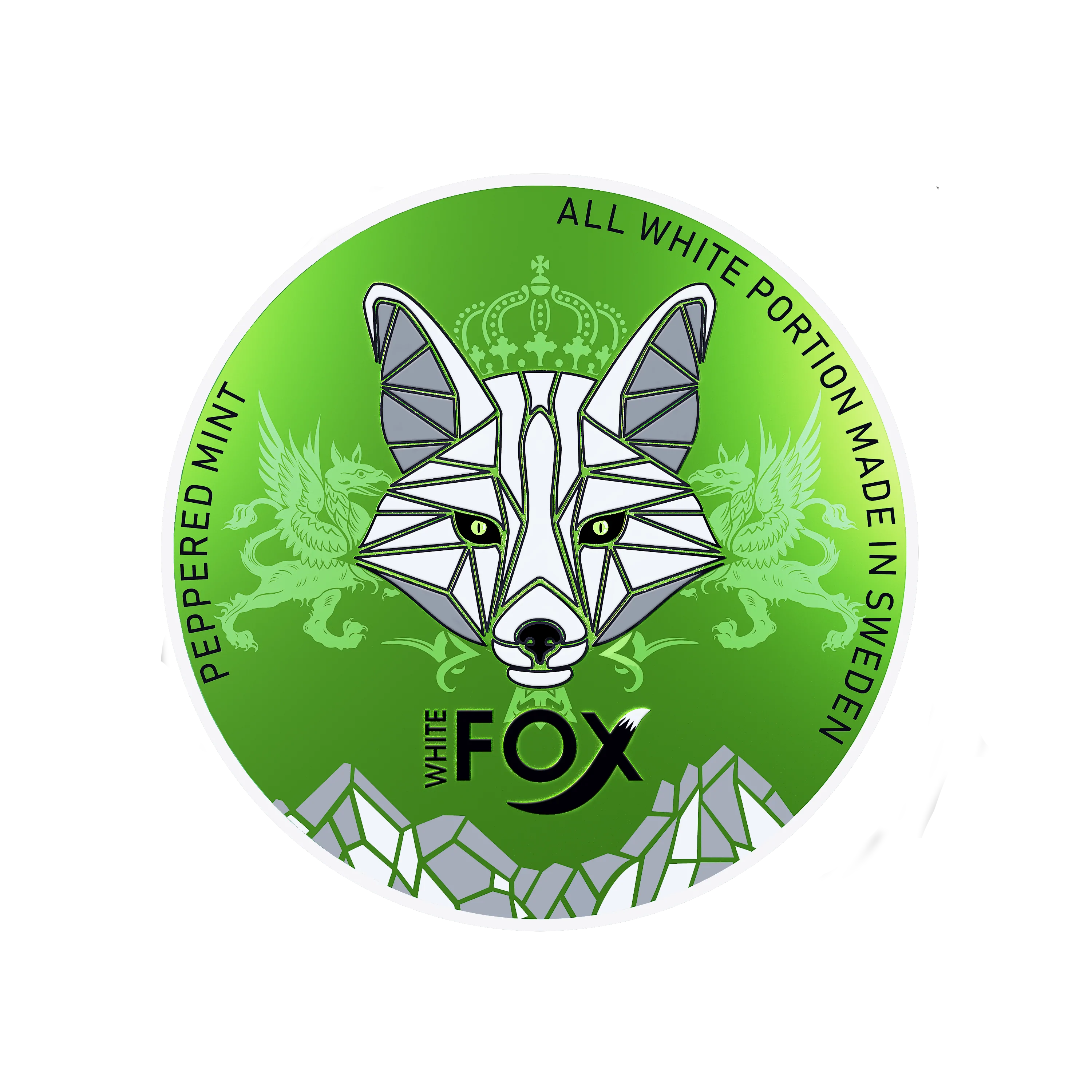 White Fox Peppered Mint nicotine pouch lid with green fox head logo, griffins, and crown on a green background.