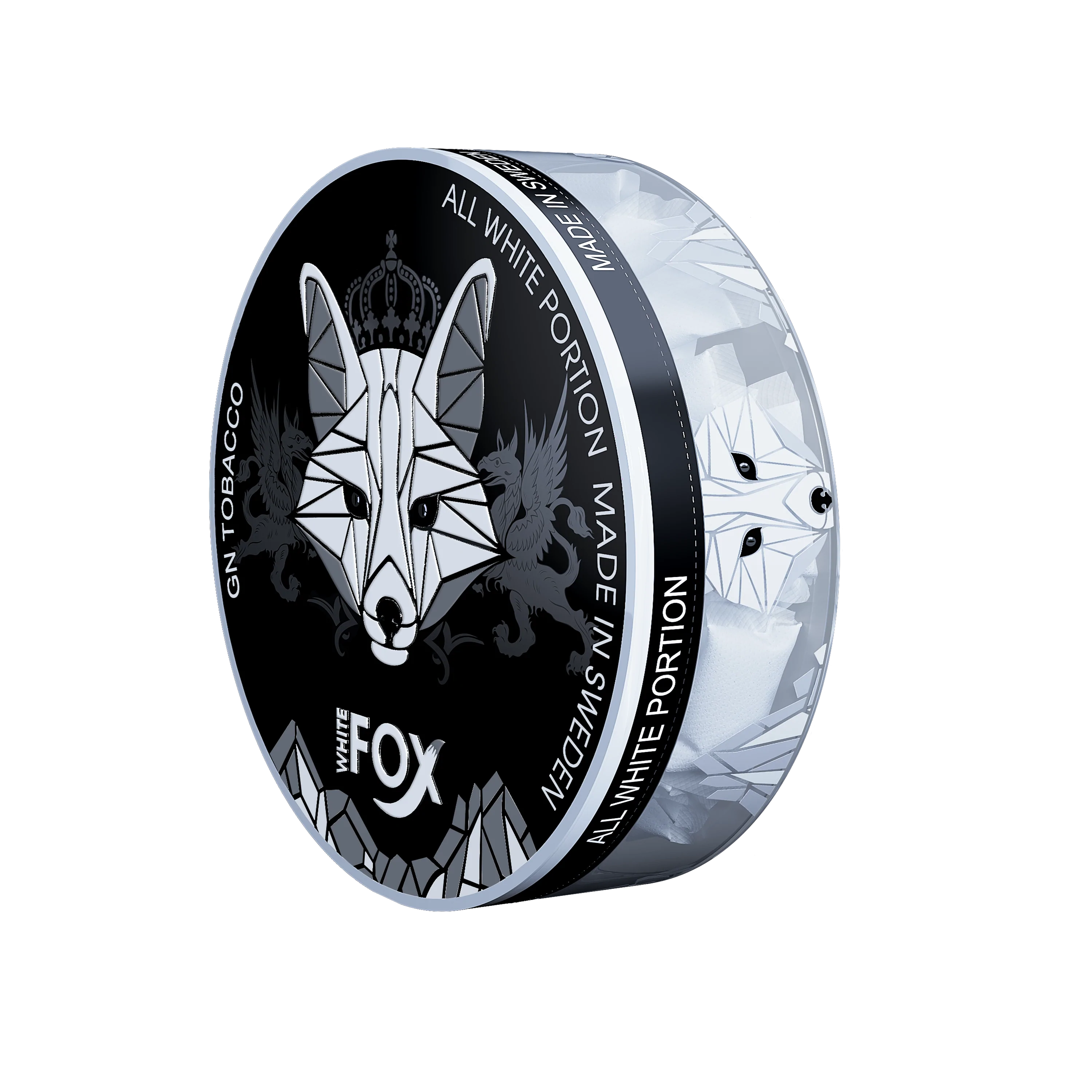 White Fox Black Nicotine Pouches tin with geometric fox logo on black lid, featuring white all-white portions inside.