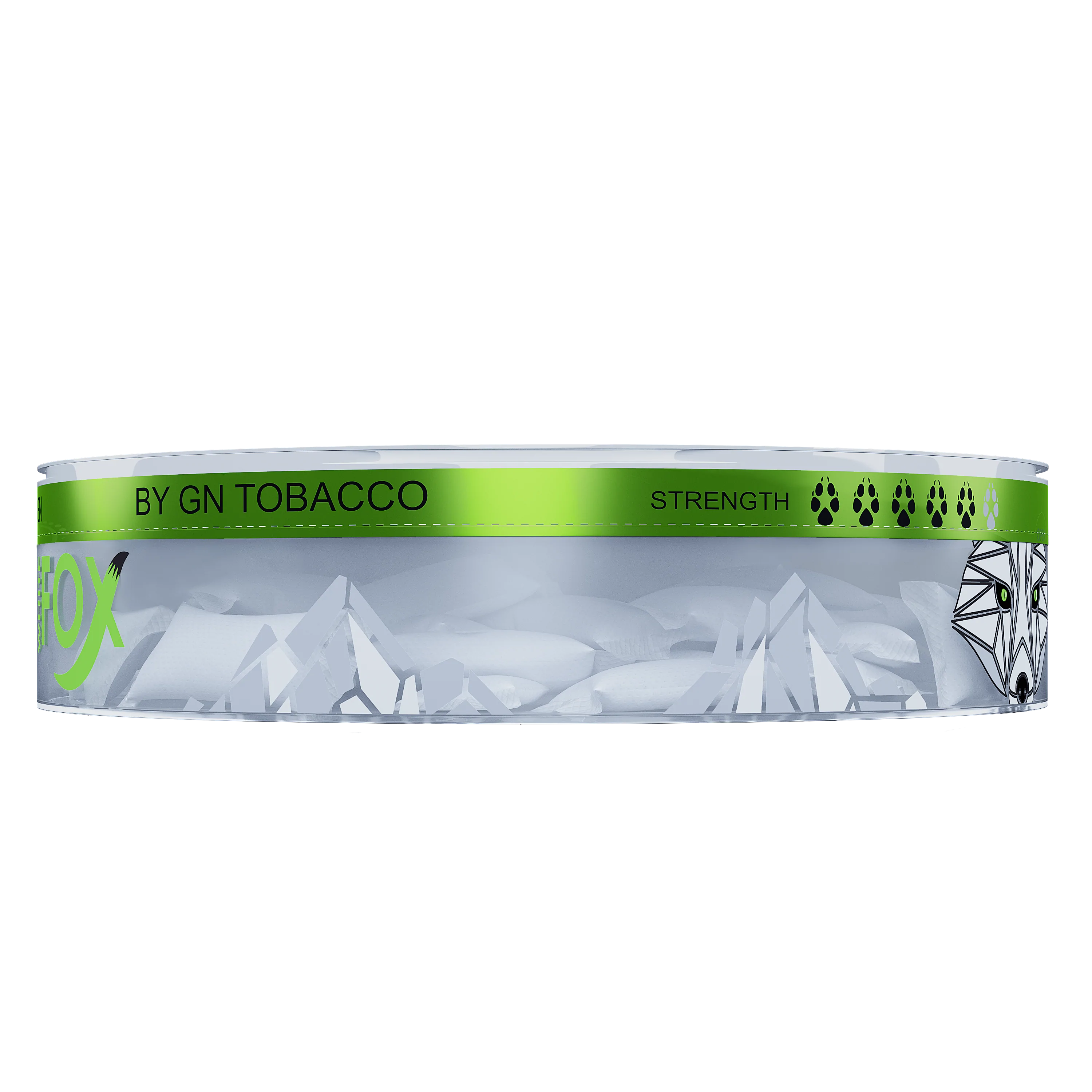 White Fox Peppered Mint nicotine pouches in a transparent can with green accents, featuring the GN Tobacco logo.