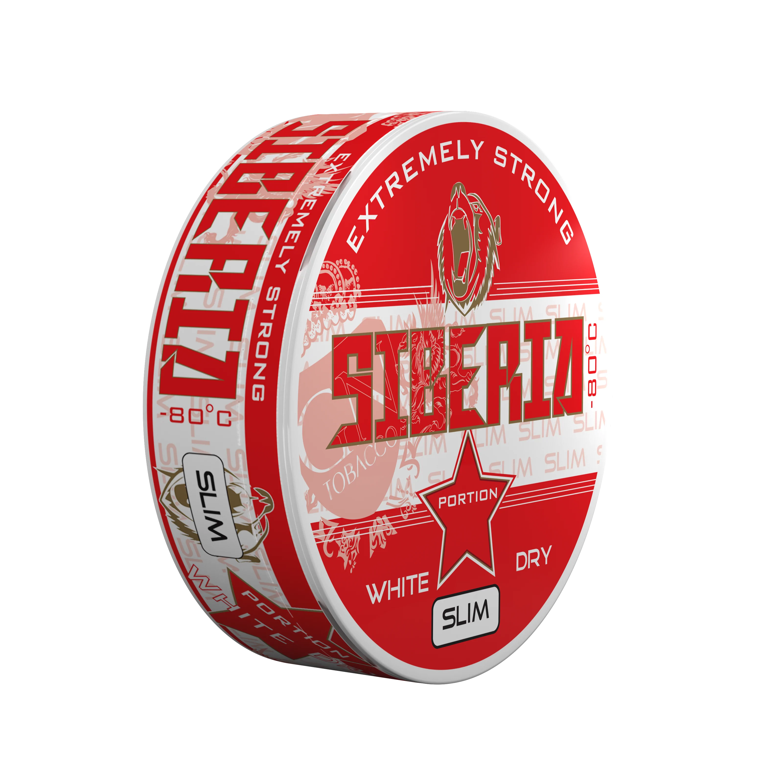 Siberia Slim Red White Dry Extremely Strong nicotine pouches in a red and white round can with a bear logo.
