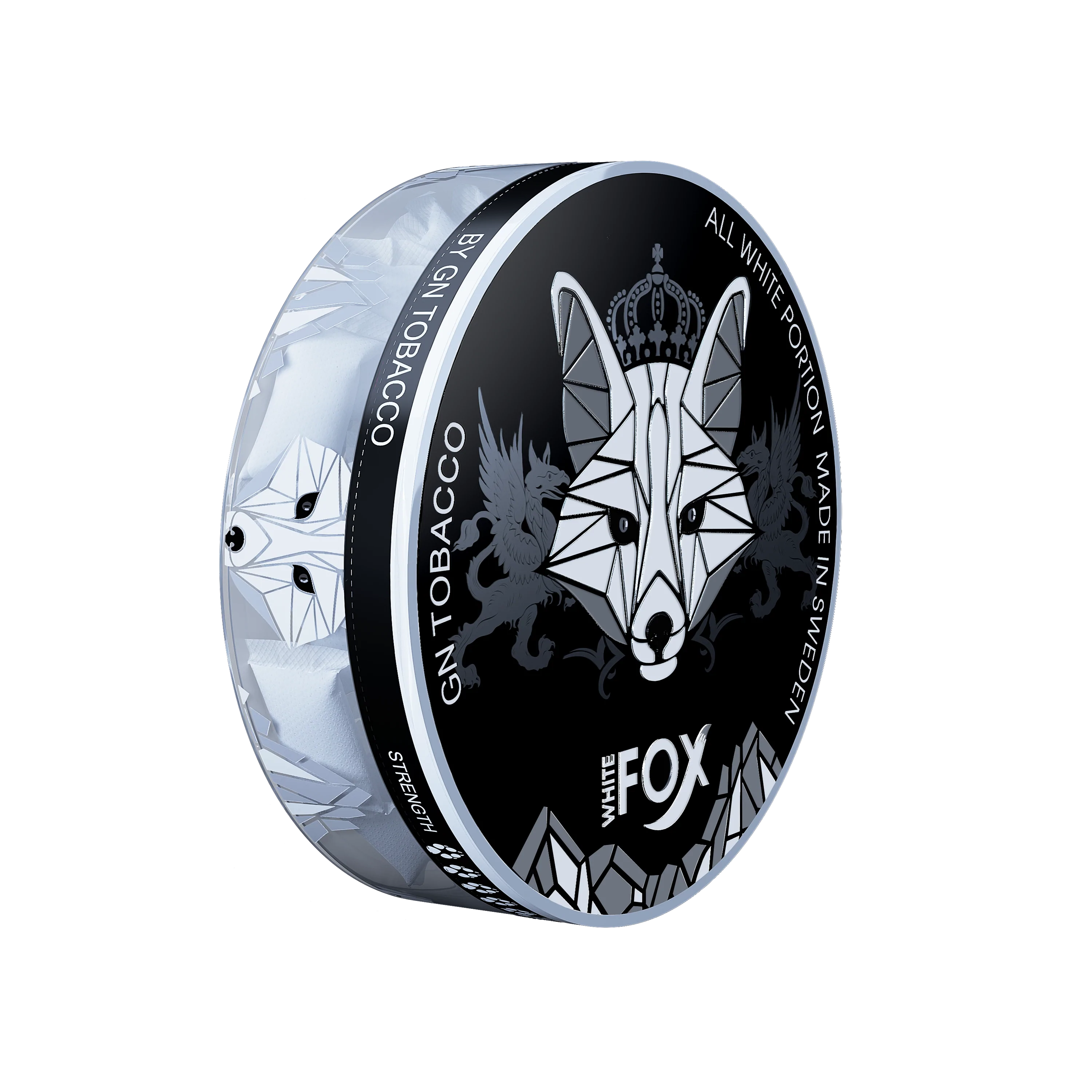 White Fox Black nicotine pouch tin with geometric fox logo, mint flavor profile, and All White Portion branding.