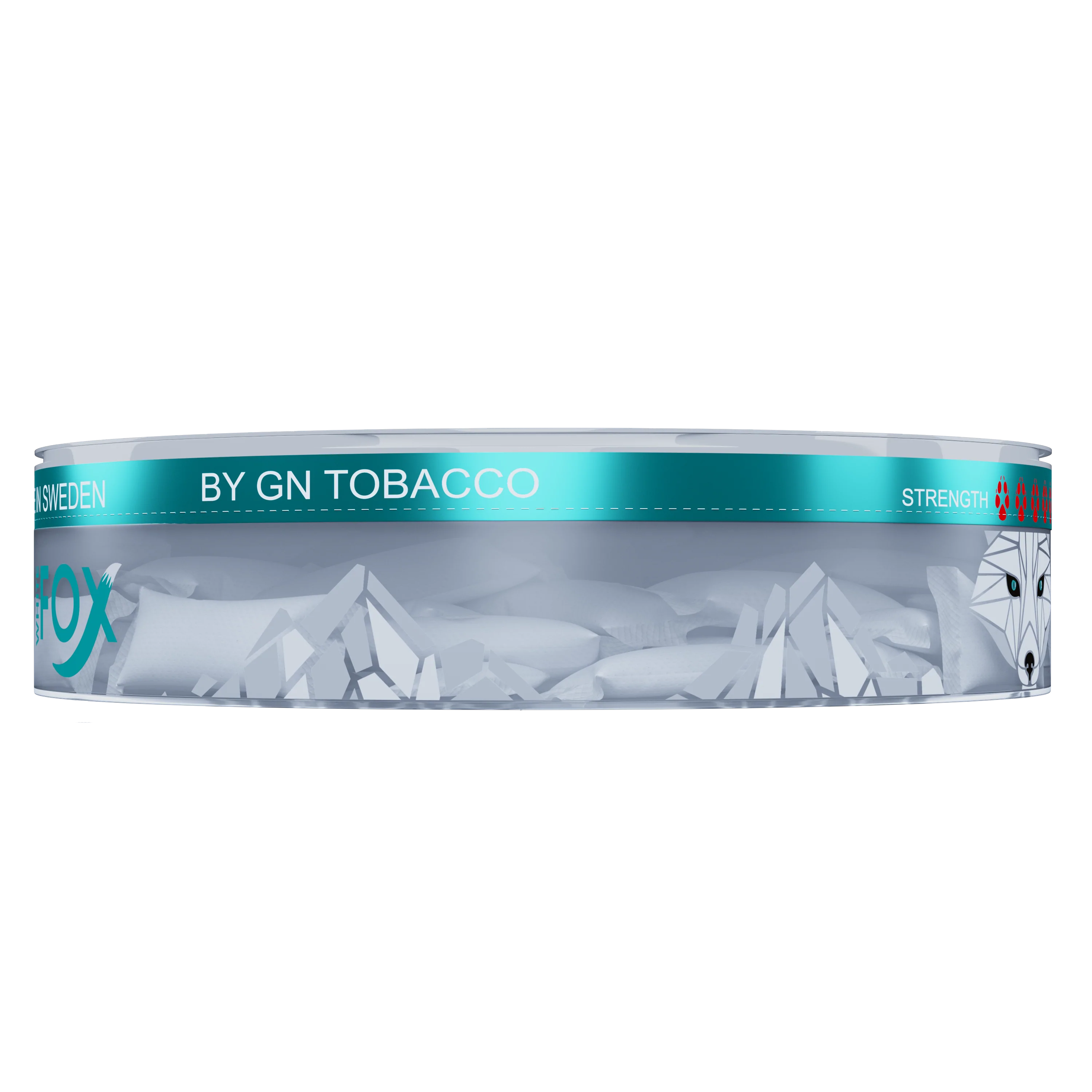 White Fox Double Mint Slim Nicotine Pouches in a transparent can, 12mg tobacco-free pouches visible through the side.