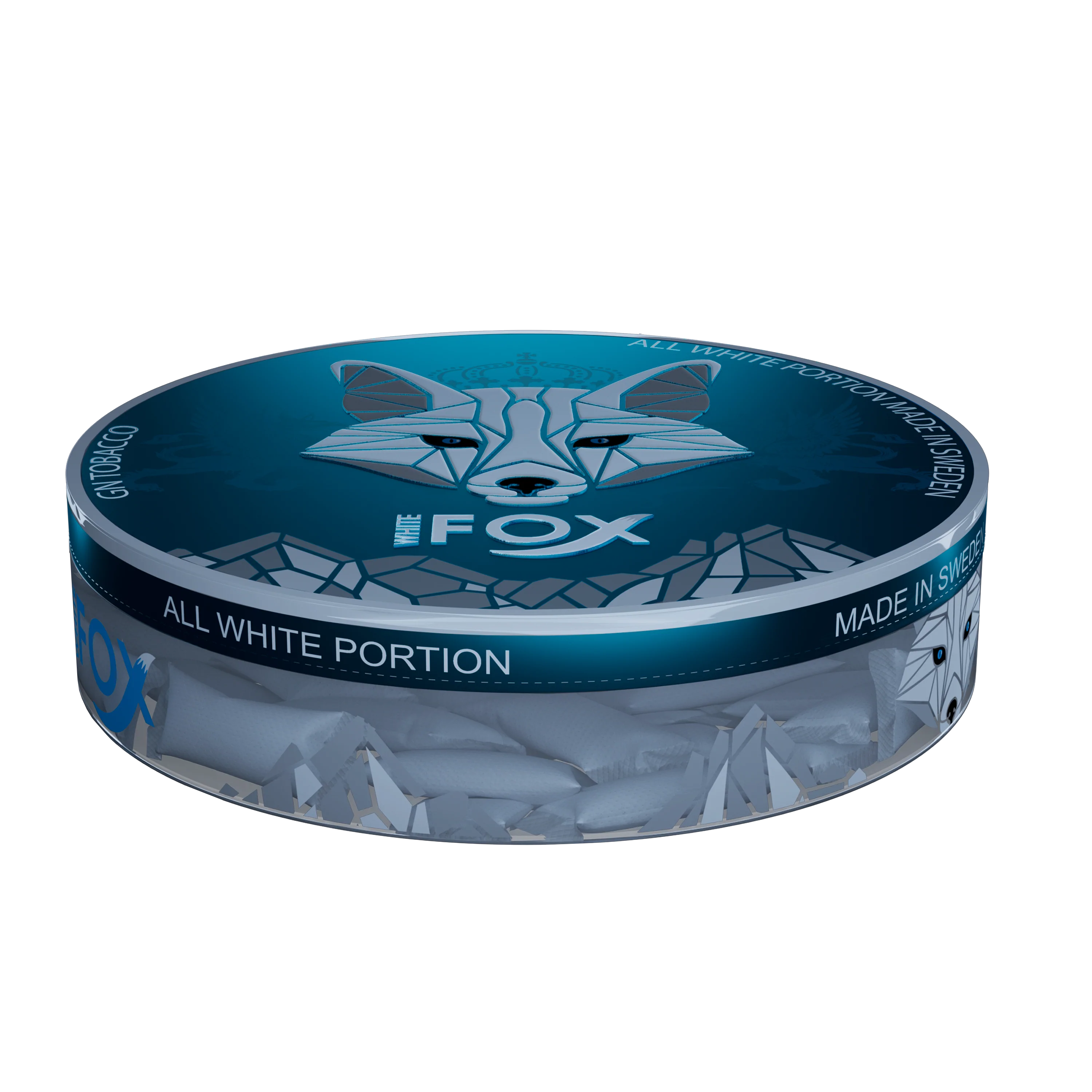White Fox All White Slim nicotine pouches in a blue can with a fox logo, 12mg mint flavour tobacco-free portions.