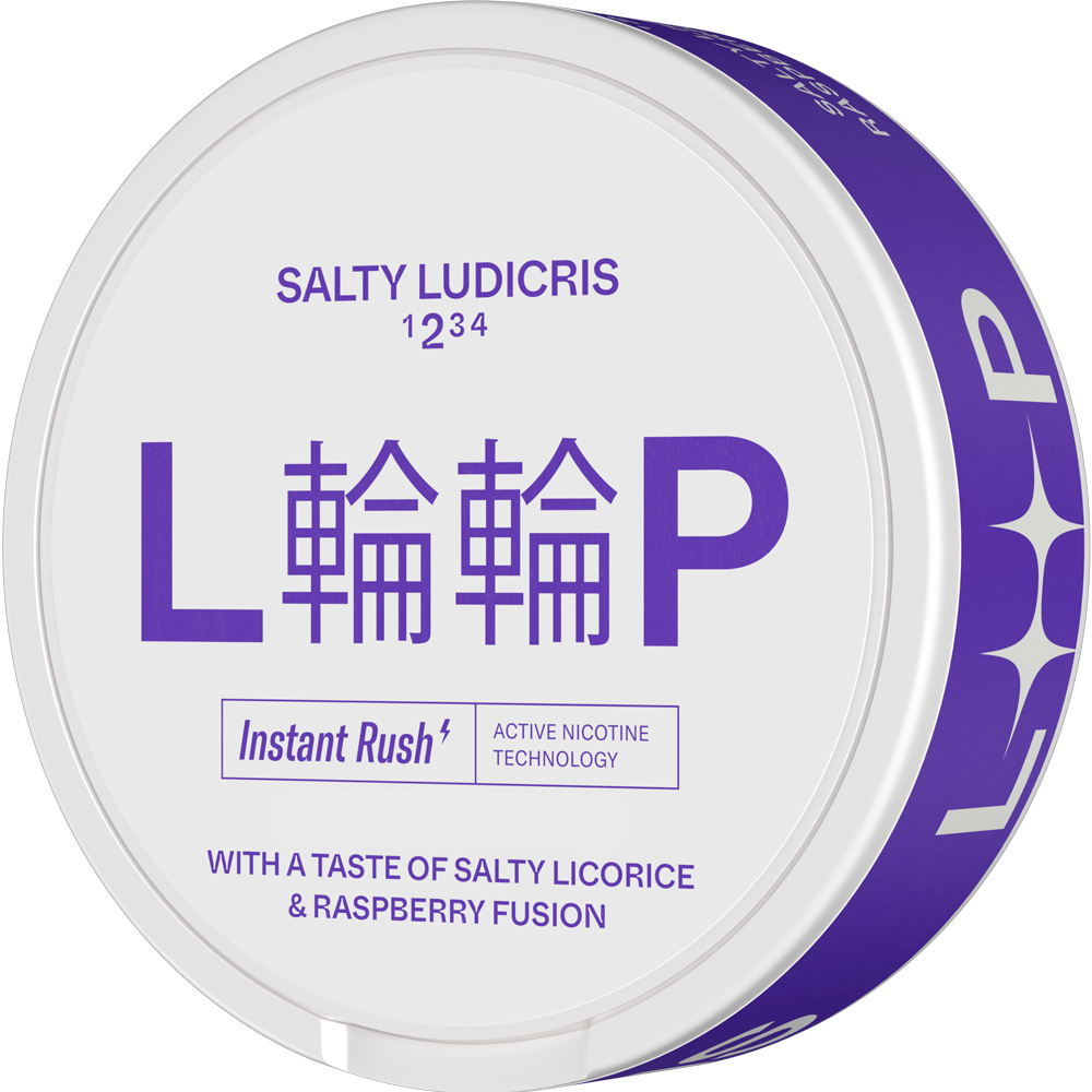 LOOP Salty Ludicris Nicotine Pouches can with raspberry and salty licorice flavor, featuring Instant Rush technology.