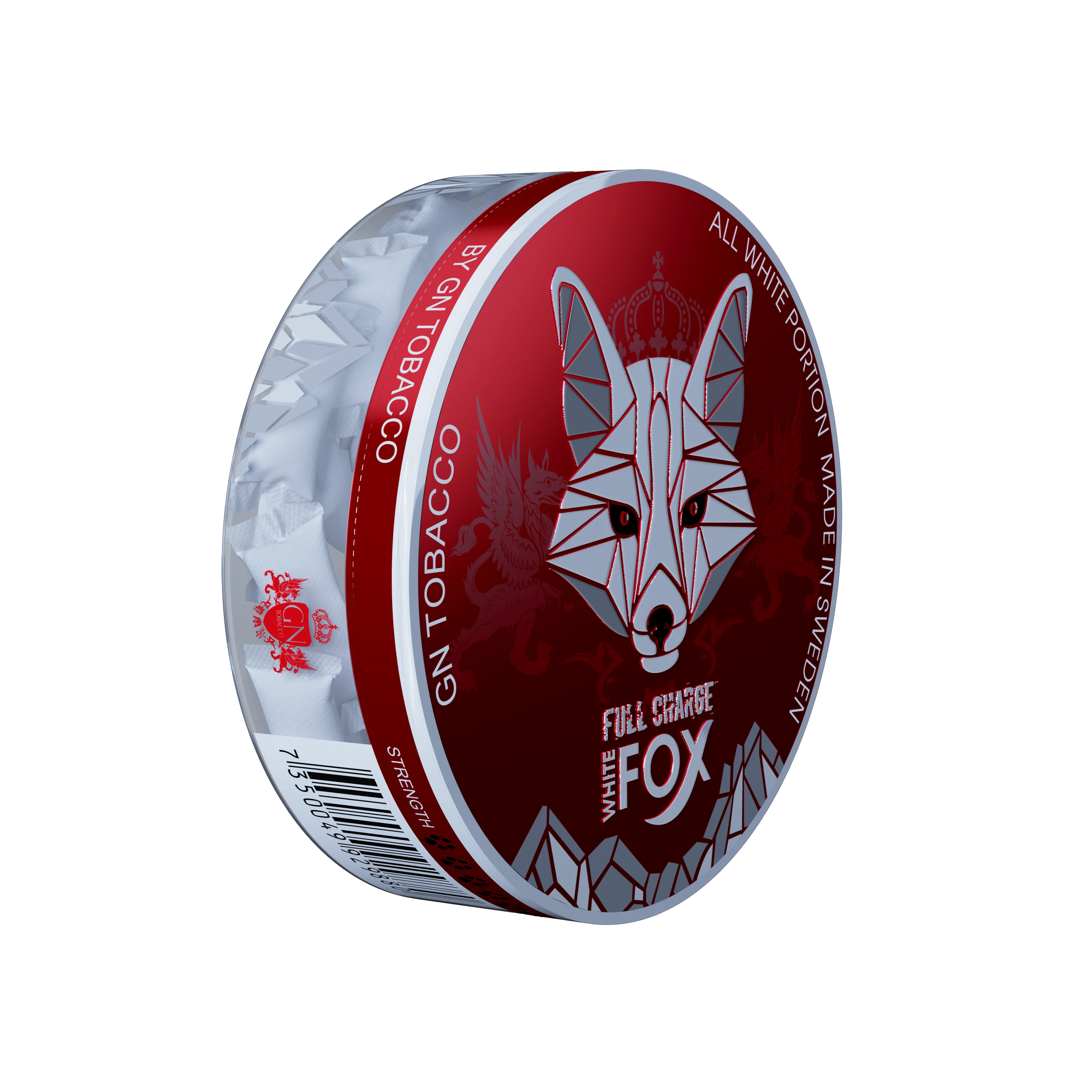 White Fox Full Charge strong mint nicotine pouches in a red and silver can, tobacco-free and made in Sweden.