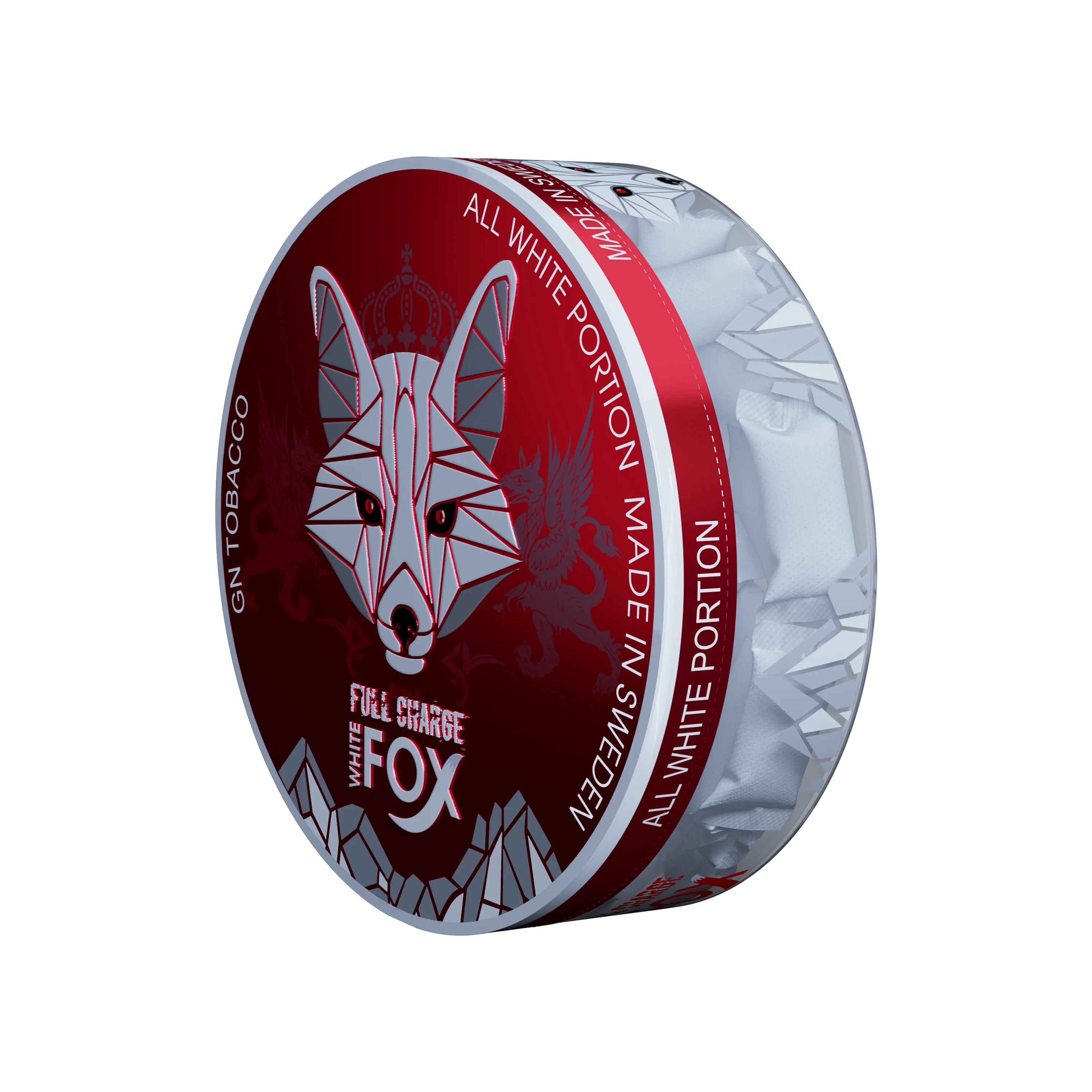 White Fox Full Charge tobacco-free nicotine pouches in a red and silver can with 16.5mg strong mint flavor.