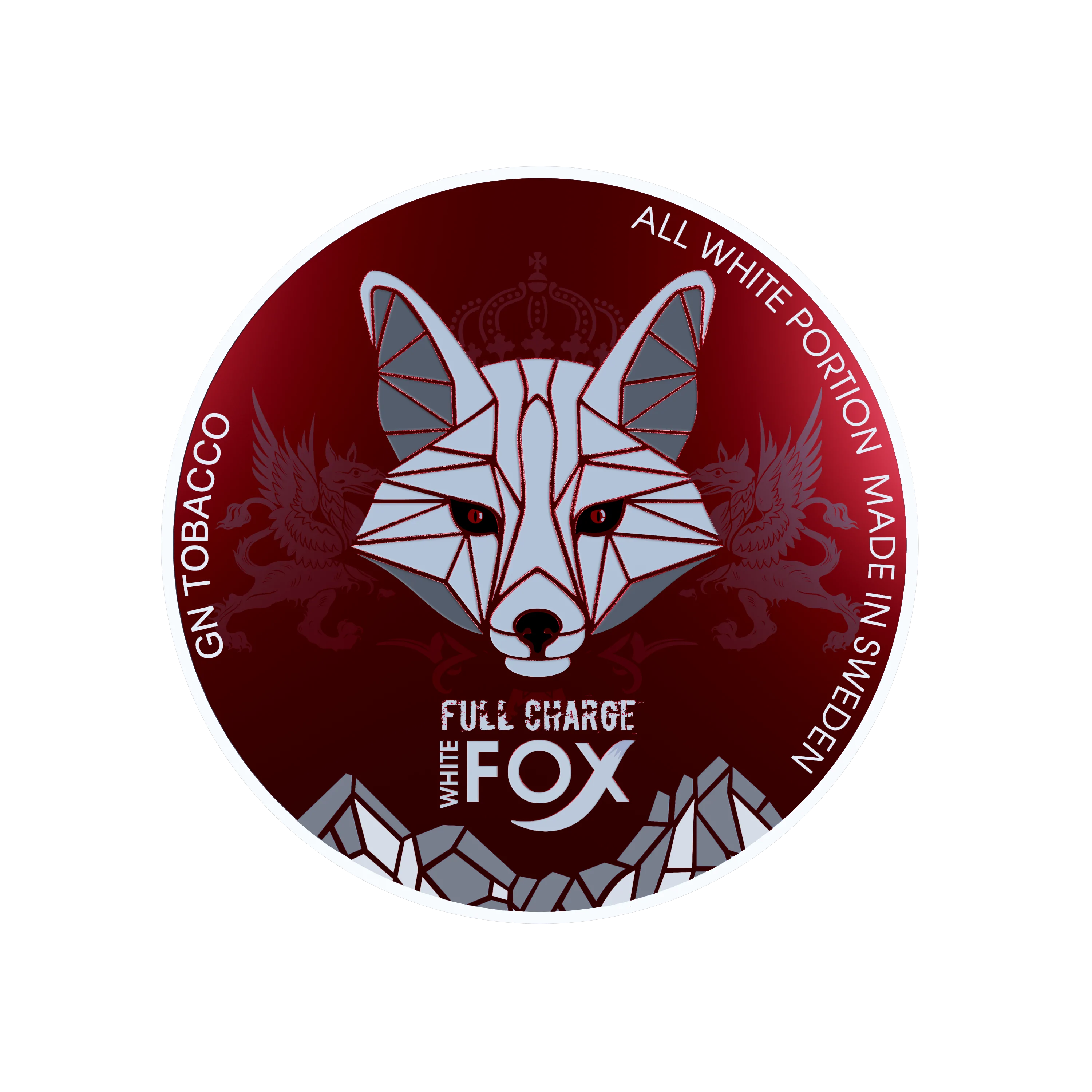 White Fox Full Charge tobacco-free nicotine pouches lid with fox graphic, 16.5mg strong mint, made in Sweden.