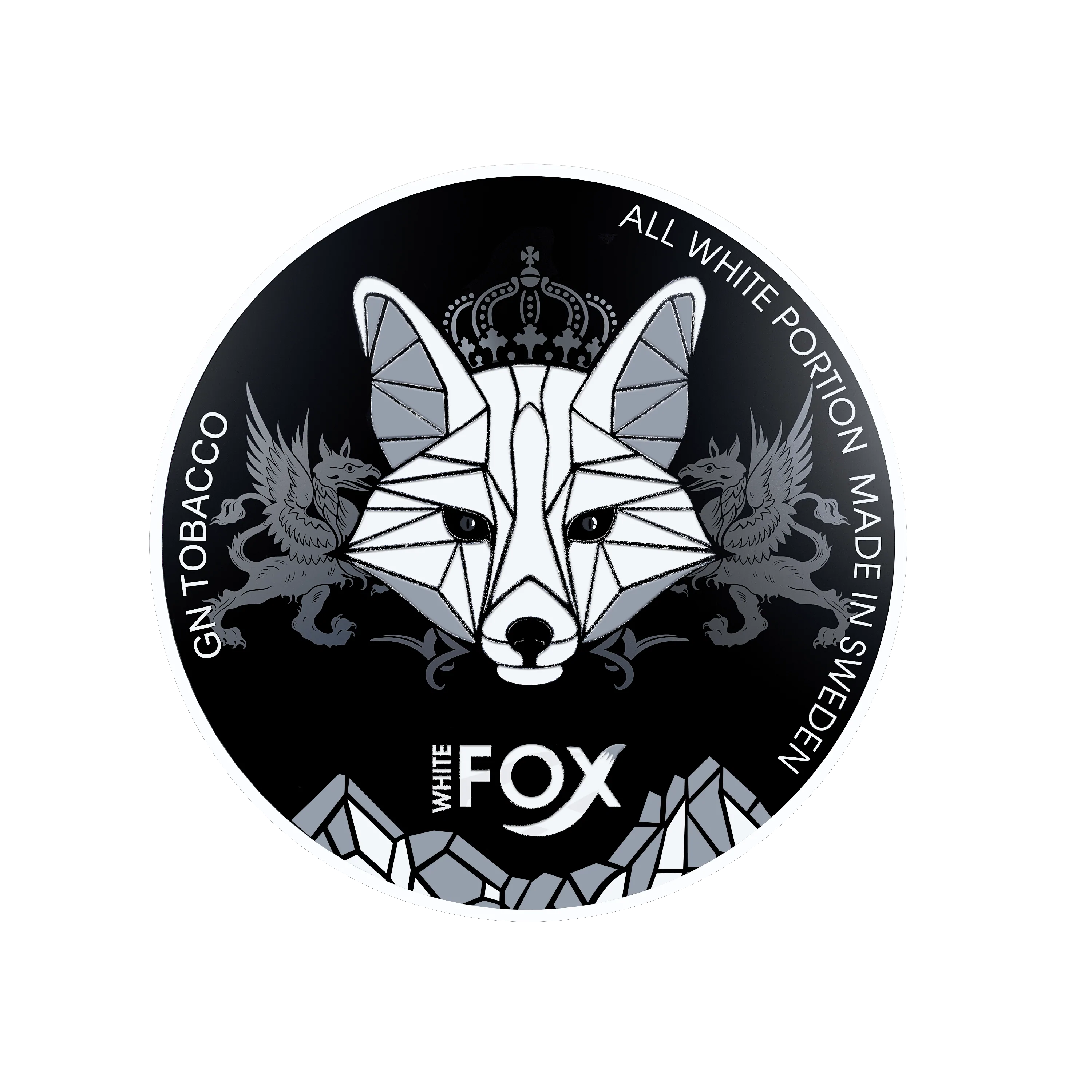 White Fox Black Nicotine Pouches lid with geometric fox, crown, and griffins. Bold mint tobacco-free snus from Sweden.