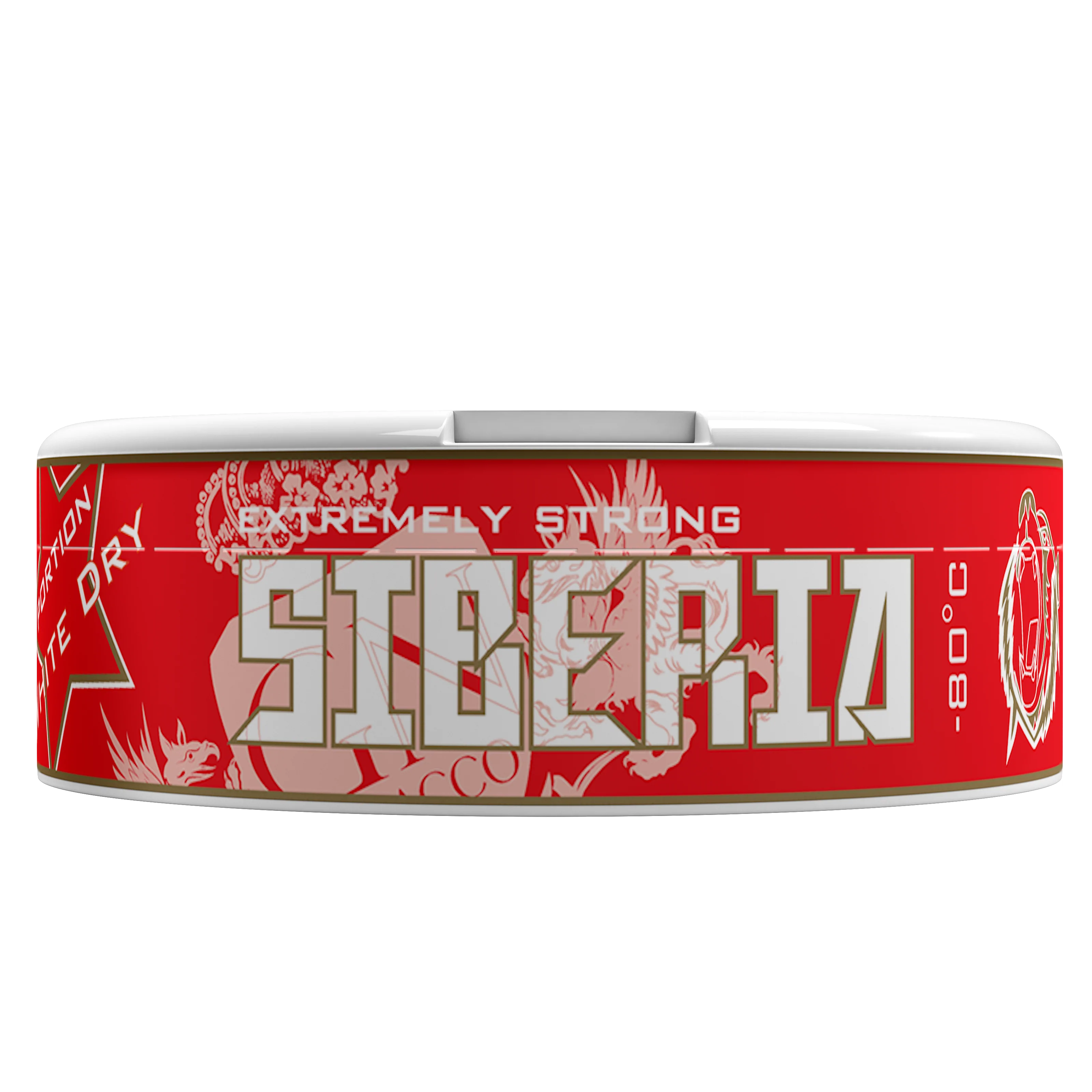 Siberia Red White Dry extremely strong nicotine pouches can on a black background.