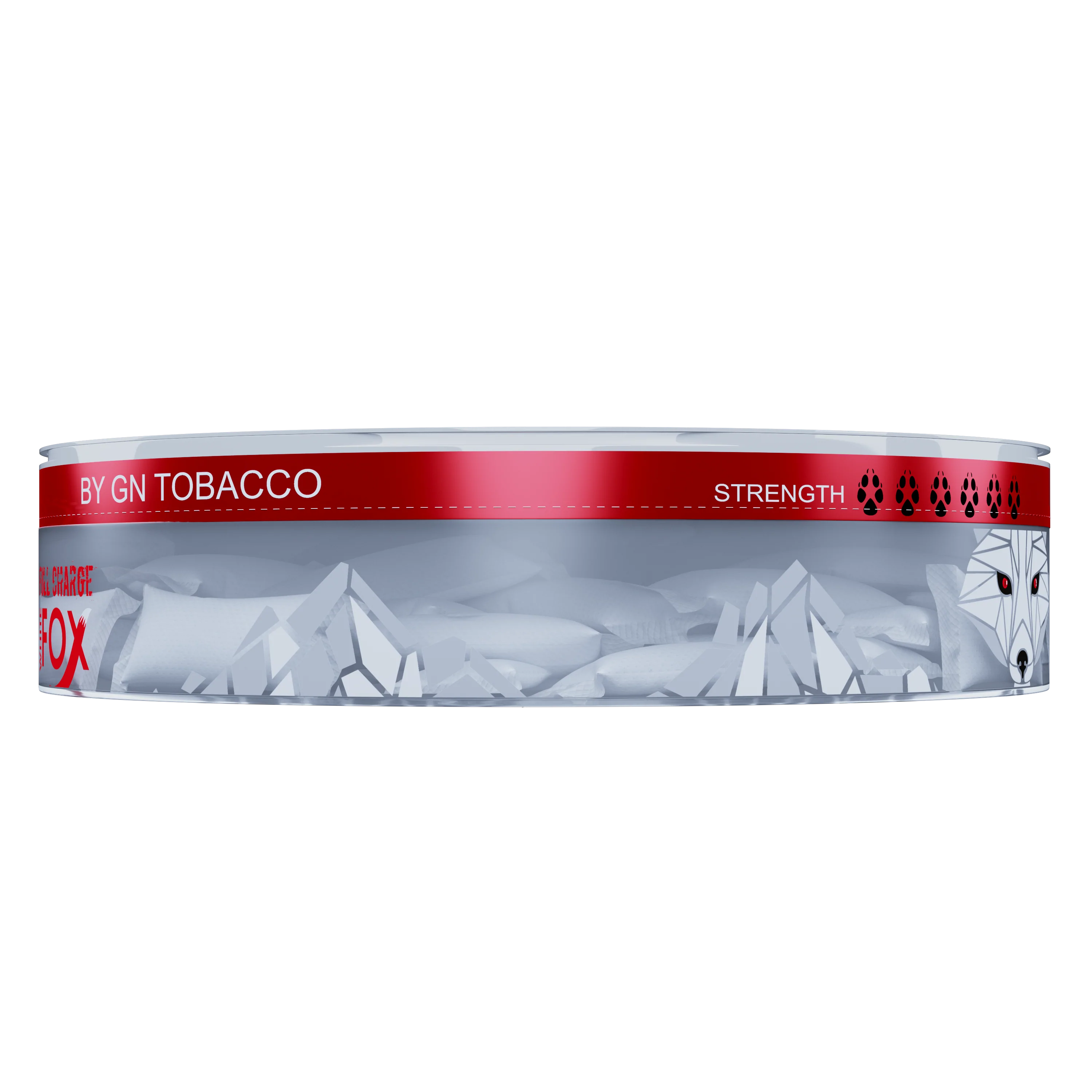 White Fox Full Charge strong nicotine pouches in a transparent can, 16.5mg tobacco-free mint portions.