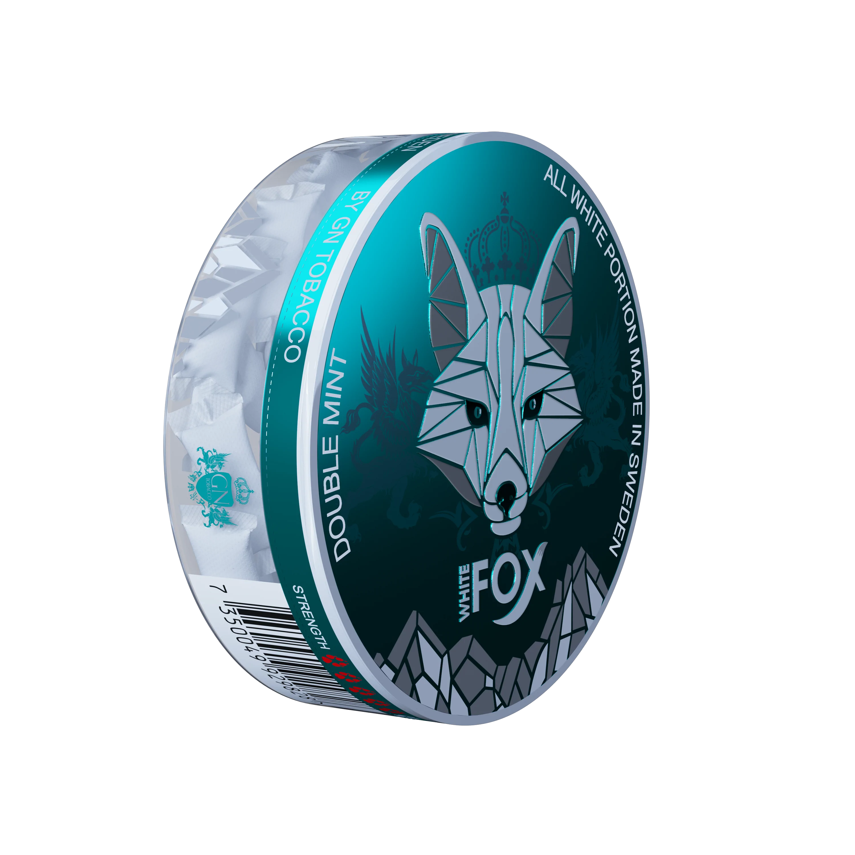 White Fox Double Mint Slim Nicotine Pouches can showing the fox logo and tobacco-free all-white portions.